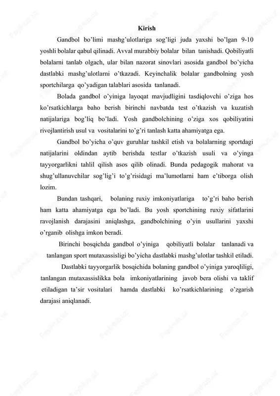 ish mumkin bo’ladi. bu vazifalar bir nechta darslar oldidan qo’yiladi, aloxida mashg’ulotda esa ular imkon qadar aniqlashtiriladi. darsni pedagogik jihatdan to’g’ri va bilimdonlik bilan tashkil etish- bu birinchi navbatda dars vaqtidan oqilona foydalanishdir. darsni muvoffaqiyatli o’tkazishning eng muxim sharti bu darsning tayyorgarlik, asosiy va yakunlovchi qismlarida o’quvchilarning ish qobiliyatlarini o’zgartirishdir. bu o’qituvchidan darsning tuzilishini to’g’ri ishlab chiqishni talab qiladi. darsda bir nechta mustaqil bo’limlar bo’lishi mumkin. masalan, dars bir butun o’yin mashg’uloti (yoki o’yin) sifatida o’tkazilishi mumkin. unda bir qator vazifalar hal etiladi: to’g’riga uzatilgan qo’l bilan to’pni ilib olish hamda oshirishni o’rganish, yiqilib zarba berish texnikasi bilan tanishish, blok ustidan oshirib zarba berishni takomillashtirish, tezkorlik sifatlarini rivojlantirishga qaratilgan mashqlarni o’rgatish va h.k. bunday darsni to’g’ri tuzishning mohiyati pedagogik vazifalarni mantiqan to’g’ri tartibda hal etish, shug’ullanuvchilarning qabul qilish imkoniyatlari bilan muvofiqligiga erishishdan iborat. bunda sho’g’illanuvchilar ish qobiliyatining o’zgarish fazalari eng maqbul meyorlarda hisobga olinadi. qo’l to’pi darslarini tashkil qilish mashg’ulotdan …