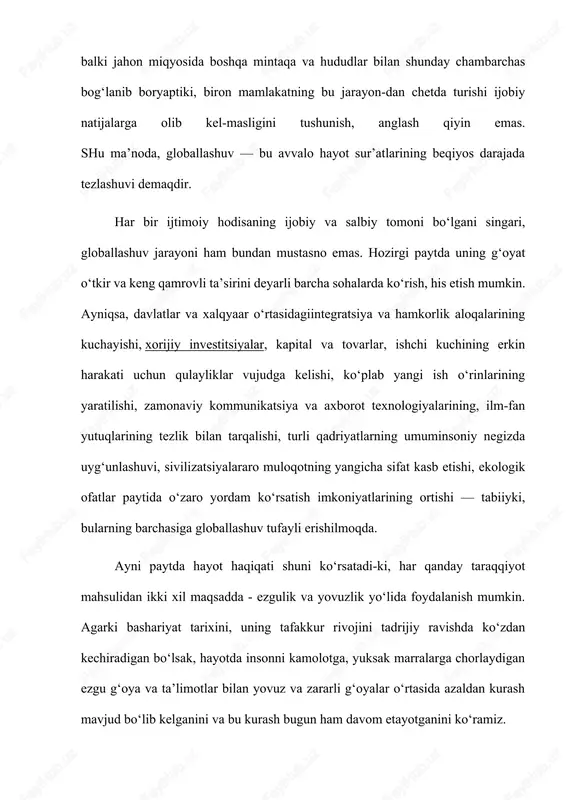 roitda u mafkuraviy ta’sir o‘tkazishning nihoyatda o‘tkir quroliga aylanib, har xil siyosiy kuchlar va markazlarning manfaatlariga xizmat qilayotganini sog‘lom fikrlaydigan har qanday odam, albatta, kuzatishi muqarrar. bu haqda gapirganda, men ilgari bildirgan ba’zi fikrlarni takrorlash o‘rinli, deb o‘ylayman. ta’bir joiz bo‘lsa, aytish mumkinki, bugungi zamonda mafkura poligonlari yadro poligonlaridan ham ko‘proq kuchga ega. bu masalaning kishini doimo ogoh bo‘lishga undovchi tomoni shundaki, agar harbiy, iqtisodiy, siyosiy tazyiq bo‘lsa, buni sezish, qo‘rish, oldini olish mumkin, ammo mafkuraviy tazyiqni, uning ta’siri va oqibatlarini tezda ilg‘ab etish nihoyatda qiyin. mana shunday vaziyatda odam o‘z mustaqil fikriga, zamonlar sinovidan o‘tgan hayotiy-milliy qadriyatlarga, sog‘lom negizda shakllangan dunyoqarash va mustahkam irodaga ega bo‘lmasa, har turli ma’naviy taxdidlarga, ularning goh oshkora, goh pinhona ko‘rinishdagi ta’siriga bardosh be-rishi amrimahol. buni kundalik hayotda uchrab turadigan ko‘plab voqealar misolida yaqqol kuzatish mumkin va ularning qanday og‘ir oqibatlarga olib kelishini uzoq tushuntirib o‘tirish-ning hojati yo‘q, deb o‘ylayman. o‘tgan yillar davomida dunyoda …