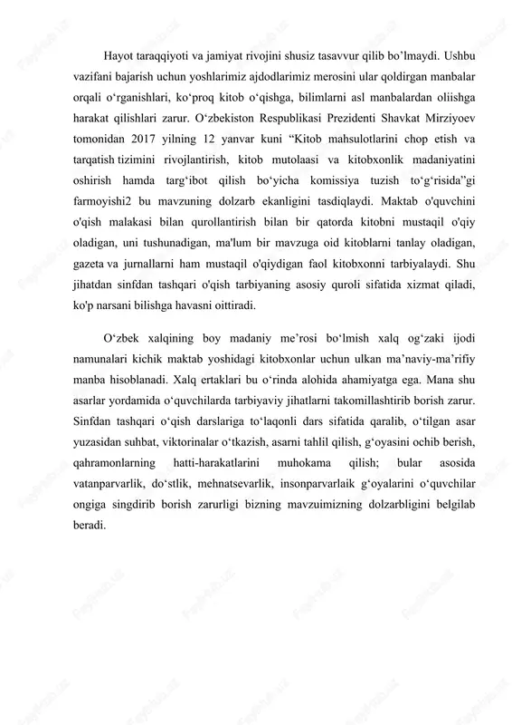 nsonparvarlaik g‘oyalarini o‘quvchilar ongiga singdirib borish zarurligi bizning mavzuimizning dolzarbligini belgilab beradi. 2.1. boshlang'ich sinf o'quvchilarini ifodali o'qishga o'rgatish. boshlang’ich sinf o’qish darsliklarida yuzdan ortiq shoirlarning ko’plab xilma-xil mavzulardagi she’rlari berilga. albatta, ularning har biridan ulug’ maqsadlar ko’zlangan. chunki sh’er ham, avvalo, badiiy adabiyotdir. adabiyotni o’z mohiyatiga ko’ra jo’shqin daryoga qiyos qilsa bo’ladi. daryo suvlaridan dalalar, dov-daraxtlar gullab-yashnasa, adabiyot inson qalbiga ezgulik urug’ini sepadi, uni hayotda to’g’ri yashashga, ulug’ maqsadlar yo’lida kurashishga o’rgatadi. daryo irmoqlardan vujudga keladi. adabiyotimiz irmoqlari esa adiblarimiz yaratgan asarlardan iborat. daryolarning sersuvligi, hayqirib oqishi irmoqlar suviga bog’liq bo’lgani singari, adabiyotning jo’shqinligi, kurashchanligi – hayotda tutgan o’rni undagi asarlarning sifatiga qarab belgilanadi[footnoteref:1]. shunga ko’ra adabiyot ta’limi o‘z oldiga bir qator maqsadlarni qo‘yadi. [1: afzalov m., rasulov x., husanov z. o’zbek xalq ertaklari. - t.: 1963. ] umumiy o‘rta ta’lim maktablaridagi adabiy ta’lim asosan sof ilmiy maqsadlarni emas, balki ma’naviyaxloqiy yo‘nalishlar ustuvorligini ko‘zda tutadi. ular orasida eng muhimlari …