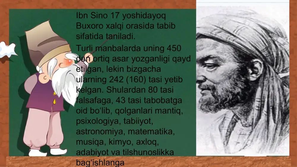 asarlarini «amaliy hikmat» (donishmandlik amaliyoti) deb ataydi. olimning fikricha, axloq fani kishilarning o’ziga va boshqalarga nisabatan xatti-harakati me’yorlari va qoidalarini o’rganadi. ibn sino inson kamolotining muhim axloqiy jihatlarini ham taxlil etadi va har biriga ta’rif beradi: masalan, adolatni ruhiy lazzatning bosh mezoni sanaydi. inson qanoat, jasurlik, donolik bilan adolatga ega bo’ladi, yomon illatlardan o’zini tiyib, yaxshilikni mustahkamlaydi, haqiqiy ruhiy lazzat oladi, deydi. insondagi ijobiy, axloqiy xislatlarga saxiylik, chidamlilik, kamtarlik, sevgi – muhabbat, mo’tadillik, aqlilik, ehtiyotkorlik, qat’iyatlilik, sadoqat, intilish, uyatchanlik va boshqalarni kiritadi ibn sino yuksak axloqiy xislatlarga yana kishilarning bir-birlariga do’st bo’lib yashashi, hamkorlik qilishini ham kiritadi. chunki har bir kishi jamiyatda, odamlar bilan birga yashar ekan, ular bilan do’stona yashashga intiladi. xulosa. shu tariqa, ibn sino ilmni egallashda axloqiylikning ahamiyatini juda ardoqlaydi. ibn sino asarlarida berilgan uning fikrlarining chuqur tahlili shuni ko'rsatadiki, alloma o'z davri muammolariga juda teran darajada kirib bora olgan, shuningdek, qo'yilgan muammolarga to'g'ri yo'nalishda yondoshib, ularning …