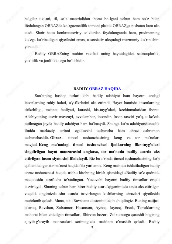 mana, siz «ravshan» dostonini o'qib chiqdingiz. buning natijasi o'laroq, ravshan, zulxumor, hasanxon, aynoq, jaynoq, ersak, tersaklarning mahorat bilan chizilgan timsollari, shirvon bozori, zulxumorga qarashli bog'ning ajoyib-g'aroyib manzaralari xotirangizda mahkam o'rnashib qoladi. badiiy https://hozir.org/tayanch-tushunchalar-v4.html 4 adabiyotda inson timsoli u yashayotgan jamiyat va undagi jarayonlar bilan, uni o'rab olgan tabiat, ijtimoiy muhit, narsa-hodisalar bilan birgalikda, ular bilan chambarchas aloqada tasvirlanadi. chunki inson hamisha shular qurshovida bo'ladi. biroq bularning hammasi inson timsolini yo o'ziga xosligini ko'rsatishga, yoki uning ham boshqalarga o'xshash tomonlari borligini ta'kidlashga, yoxud inson obraziga hissiy ta'sirchanlik bag'ishlashga, yoinki uning biror jihatini to'ldirishga xizmat qiladi. demak, ular yordamchi vositalardir. badiiy tasvirning maqsadi sifatida ko'pincha insonning o'zi turadi. narsa va hodisalar tasviri o'z-o'zicha mustaqil badiiy qiymatga ega bo'lmaydi, ular insonni yorqinroq ko'rsatish, uning tabiatini teranroq ochish uchun kerak. lekin inson yolg'iz o'zi mavjud bo'la olmaydi. odam odamday yashashi va o'z insonligini namoyon etishi uchun juda ko'p narsalar kerak. badiiy adabiyotda inson bilan …
