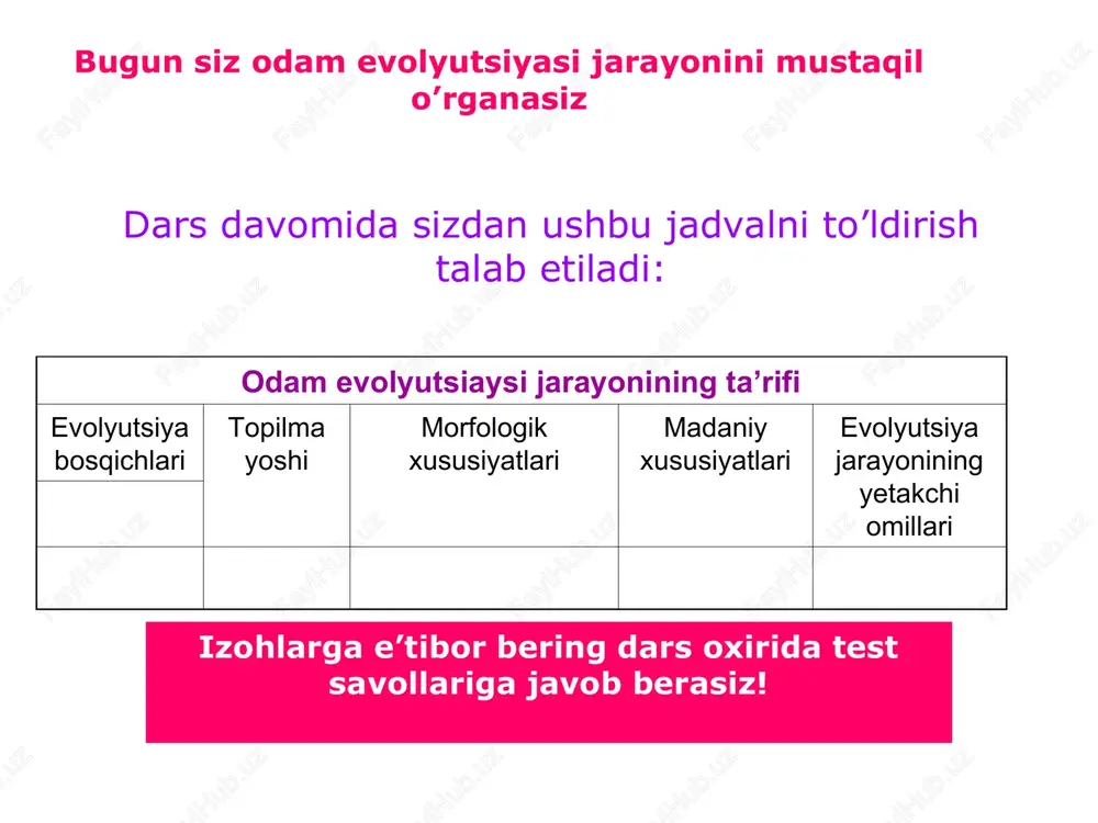 ega o’xshab ketadi. 3. limnopithecus – kichkina bo’lib, ko’p jihatdan gibbonlarni eslatadi.ular davri –ilk va o’rta miotsen, vatani sharqiy afrika. 4. rangwapithecus –yuqori uzun qoziq tishli, gavda hajmi har xil. sharqiy afrikada yashagan. ramapiteklar (15-7 mln. yillar)afrika, yevropa va osiyoda yashagan. ramapitek maymunga o’xshash jonzot bo’lib, bo’yi 1,2 m bo’lgan. ular ochiq joylarda yashab, termachilik bilan kun kechirganlar. ramapiteklar o’z ko’rinishlari bilan gominidlarning dastlabki vakillari bo’lsalarda, odamlarning odamlari emas. olimlarning fikricha ular orangutanlarga yaqin bo’lgan. avstrolopitek –odamning eng qadimgi va ancha sodda turi. (lotincha “auctralis”- janubiy+”pitekos”-maymun) ramapitek va avstrolopitekning tropik o’rmonlardagi izlari (1,5-1 mln. yil avval) aniqlangan. bo’yi 1,5 m, og’irligi 70 kg gacha. tik yurishi, tishlarining tuzilishi jihatidan hozirgi odamlarga yaqin. miya hajmi nisbatan yirik (500-600 sm³). ulkan avstrolopitek ulkan avstrolopitek yoki afarensis–odamning to’g’ri va tik yuruvchi ajdodi. yoshi 4 mln. yilga teng. odamning eng qadimgi urug’iga mansub. toshdan mehnat qurollari yasay bilmagan. afrika avstrolopiteki – ilk bora bu …