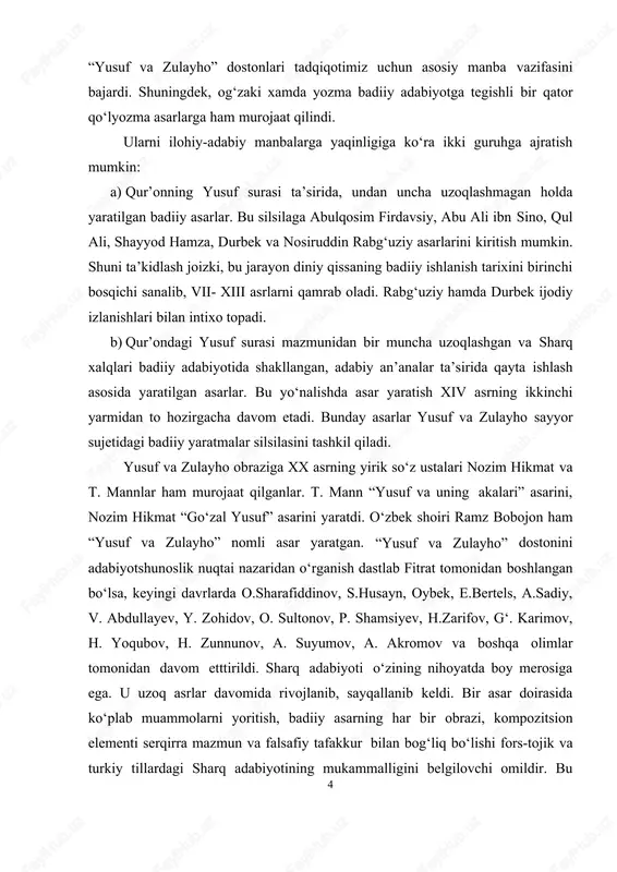 akalari” asarini, nozim hikmat “go‘zal yusuf” asarini yaratdi. o‘zbek shoiri ramz bobojon ham “yusuf va zulayho” nomli asar yaratgan. “yusuf va zulayho” dostonini adabiyotshunoslik nuqtai nazaridan o‘rganish dastlab fitrat tomonidan boshlangan bo‘lsa, keyingi davrlarda o.sharafiddinov, s.husayn, oybek, e.bertels, a.sadiy, v. abdullayev, y. zohidov, o. sultonov, p. shamsiyev, h.zarifov, g‘. karimov, h. yoqubov, h. zunnunov, a. suyumov, a. akromov va boshqa olimlar tomonidan davom etttirildi. sharq adabiyoti o‘zining nihoyatda boy merosiga ega. u uzoq asrlar davomida rivojlanib, sayqallanib keldi. bir asar doirasida ko‘plab muammolarni yoritish, badiiy asarning har bir obrazi, kompozitsion elementi serqirra mazmun va falsafiy tafakkur bilan bog‘liq bo‘lishi fors-tojik va turkiy tillardagi sharq adabiyotining mukammalligini belgilovchi omildir. bu 5 xususiyat sayyor sujetli asarlar yaratish an’anasida ko‘zga tashlanadi. sayyor sujet maqomida sharq xalqlari adabiyotida “yusuf va zulayho”, “farhod va shirin”, “layli va majnun”, “vomiq va uzro”, “tohir va zuhra” singari nodir durdonalarning xilma-xil namunalari yaratildi. sanab o‘tilgan sayyor voqealarning ayrimlaridan …