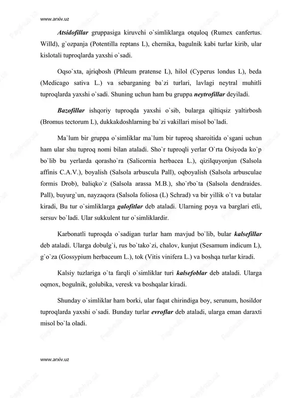 r guruhiga oligotrof o`simliklar deyilib, bunga qarag`ay (pinus silvestris l.) misol bo`ladi. orografik omillar orografik omillarni relef omillari deb ham ataladi. bu omil bilvosita ta`sir etib, o`simlikka to`g`ridan-to`g`ri ta`sir etmaydi, balki boshqa omillar — iqlim omili orqali ta`sir ko`rsatadi. orografik omillarga joyning dengiz sathidan balandligi, o`ziga xosligi, yonbag`irliligi kiradi. orografik omillarning ta`siri yer yuzasining balandligiga qarab o`zgarib boradi. o`rta osiyoda dengiz sathidan ko`tarilish darajasiga qarab o`simliklar mintaqalari navbat bilan almashinadi. o`rta osiyo sharoitida o`simliklarning mintaqalar bo`ylab pastdan yuqoriga qarab ko`tarilib borishini va bu yerda bo`ladigan o`zgarishlarning qonuniyatini akademik q. 3. zokirov aniqlagan. o`rta osiyoda cho`l, adir, tog`, yaylov mintaqalari mavjud. dengiz sathidan ko`tarilishi bilan har yuz metrda harorat 0,5 °s ga o`zgarib boradi. shunga ko`ra o`simliklar qoplami ham o`zgarib boradi. shu bilan birga yer yuzasining ekspozitsiyasi va tomonlari ham o`simliklar qoplamiga, qoplamdagi turlar tarkibiga ta`sir ko`rsatadi. bir xil balandlikdagi shimoliy va janubiy tomonlarda o`simliklarning morfologik, biologik, fiziologik, ekologik xususiyatlari ham …