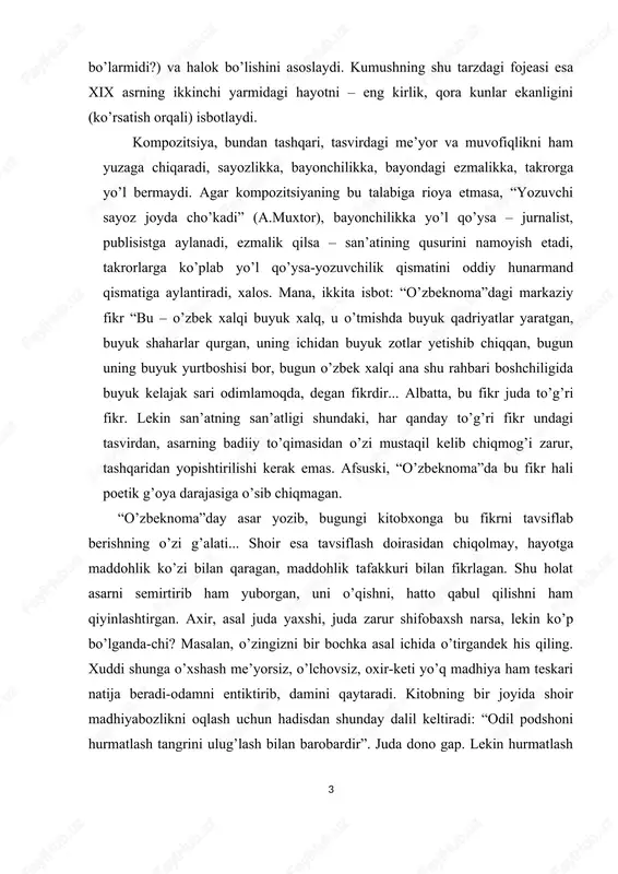 r, asal juda yaxshi, juda zarur shifobaxsh narsa, lekin ko’p bo’lganda-chi? masalan, o’zingizni bir bochka asal ichida o’tirgandek his qiling. xuddi shunga o’xshash me’yorsiz, o’lchovsiz, oxir-keti yo’q madhiya ham teskari natija beradi-odamni entiktirib, damini qaytaradi. kitobning bir joyida shoir madhiyabozlikni oqlash uchun hadisdan shunday dalil keltiradi: “odil podshoni hurmatlash tangrini ulug’lash bilan barobardir”. juda dono gap. lekin hurmatlash 3 boshqa, madhiya o’qish boshqa. menimcha, odil podsho har qanday madhiyadan ko’ra adolat yo’lida qo’yilgan bitta amaliy qadamni afzal biladi. maddohlikning nojoyiz tomonlaridan yana biri shundaki, hamisha uning zamirida manfaatparastlik, ta’ma yashirinib yotadi”(o.sharafiddinov. “mag’zi puch so’zlardan bir tosh nari qochh” o’zas, 15 sentyabr, 2000-yil). kompozitsiya estetik didning teranligini talab qiladi. chunki u, albatta, badiiy kompozitsiyada ham o’zligini topadi. “masalan ,ikki sevishgan yigit va qiz maysazorda uchrashib, g’aroyib his- tuyg’ularini bir-birlariga izhor etayotganda ma’shuqaning oyoqlari daf’atan toshbaqaga tegib ketishi mumkin. ammo o’sha g’aroyib his-tuyg’ularni tasvirlaydigan she’rga toshbaqaning kirishga haqqi yo’q,”-deydi a.oripov. ba’zida bu …