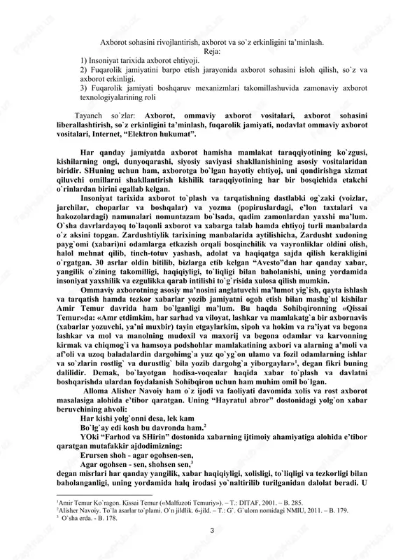 chora-tadbirlarni amalga oshirish lozimligi haqida alohida to‘xtalib o‘tishi bejiz emas. chunki fuqarolarni qonun-qoidalar asosida yashashga o‘rgatish ham ommaviy axborot vositalari, xususan, ularning ta’sirchan usullari yordamida amalga oshiriladi. konsepsiyada ommaviy axborot vositalari sohasidagi qator qonun hujjatlariga o‘zgartish va qo‘shimchalar kiritish bilan birga, davlat va jamoat birlashmalari axborot xizmatlari, media tuzilmalar ishini faollashtirish uchun keng ko‘lamli chora-tadbirlarni amalga oshirish lozimligi ham ta’kidlandi. bu esa axborot bozori ishtirokchilari faoliyati samaradorligini kuchaytirish va ularning iqtisodiy manfaatlarini himoya qilish, milliy axborot makonini izchil rivojlantirishga qaratilgandir. umuman olganda, yurtboshimiz ilgari surgan konsepsiya tobora takomillashib, murakkablashib borayotgan dunyoda bizning o‘rnimiz, yo‘limiz va istiqbolimizni yanada aniq ko‘rsatib berdi. davlatimiz rahbari ta’kidlaganidek, mazkur konsepsiya o‘zbekistonni isloh etish va modernizatsiya qilish borasida yigirma yil oldin boshlangan jarayonni davom ettirish bo‘yicha uzoq muddatli aniq harakat dasturini ishlab chiqish va amalga oshirish uchun asos bo‘lib xizmat qiladi. 2 axborot sohasini rivojlantirish, axborot va so`z erkinligini ta’minlash. reja: 1) insoniyat tarixida axborot ehtiyoji. …