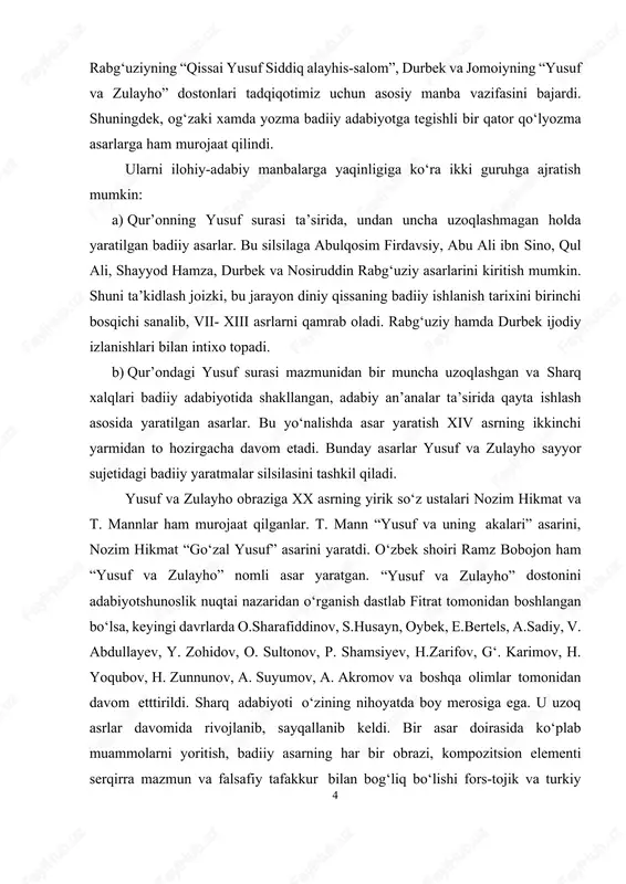 , oybek, e.bertels, a.sadiy, v. abdullayev, y. zohidov, o. sultonov, p. shamsiyev, h.zarifov, g‘. karimov, h. yoqubov, h. zunnunov, a. suyumov, a. akromov va boshqa olimlar tomonidan davom etttirildi. sharq adabiyoti o‘zining nihoyatda boy merosiga ega. u uzoq asrlar davomida rivojlanib, sayqallanib keldi. bir asar doirasida ko‘plab muammolarni yoritish, badiiy asarning har bir obrazi, kompozitsion elementi serqirra mazmun va falsafiy tafakkur bilan bog‘liq bo‘lishi fors-tojik va turkiy 5 tillardagi sharq adabiyotining mukammalligini belgilovchi omildir. bu xususiyat sayyor sujetli asarlar yaratish an’anasida ko‘zga tashlanadi. sayyor sujet maqomida sharq xalqlari adabiyotida “yusuf va zulayho”, “farhod va shirin”, “layli va majnun”, “vomiq va uzro”, “tohir va zuhra” singari nodir durdonalarning xilma-xil namunalari yaratildi. sanab o‘tilgan sayyor voqealarning ayrimlaridan o‘nlab, hatto yuzlab asarlar yaratildi.1 kurs ishining maqsad va vazifalari. “yusuf va zulayho” asarining yaratilish va o‘rganilish tarixini yoritish, uning badiiy qimmatini aniqlashni maqsad qilib olgan holda, quyidagilarni yoritish ishning asosiy vazifasi hisoblanadi. “yusuf va …
