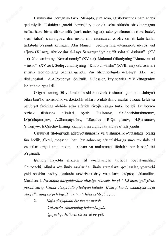da tasviriy-ta’siriy vositalarni ko‘proq ishlatadilar. masalan: 1. na’matak-atirguldoshlar oilasiga mansub, bo‘yi 1-1,5 metr, guli yirik, pushti, sariq, kishini o‘ziga jalb qiladigan butadir. hozirgi kunda ekiladigan turfa atirgullarning ko‘pchiligi shu na’matakdan kelib chiqqan. 2. nafis chayqaladi bir tup na’matak, yuksakda, shamolning belanchagida, quyoshga ko‘tarib bir savat oq gul, viqor -la o‘shshaygan qoya labida… (o.) har ikkala matnda ham bir narsa haqida fikr yuritilgan. birinchi matnda botanik olim na’matak o‘simligi to‘g‘risida ilmiy izoh beradi – ta’riflaydi. shoir esa nazmiy misralarda shu butaning rangli obrazini yaratadi, na’matakka ta’sirli, jozibali va shoirona tavsif beradi. demak, adabiy tilda bir-biridan farq qiladigan uslublar mavjud. adabiy tilning ijtimoiy hayotning ma’lum bir sohasida qo‘llanadigan ko‘rinishi adabiy til uslubi deyiladi. uslublar tilning asosiy vazifalari (kommunikativ, ekspressiv)ga ko‘ra bir qancha turlarga bo‘linadi. shunga ko‘ra, ular vazifaviy uslublar deb ham yuritiladi. ya’ni nutq uslublari til ifoda vositalarining maqsadga muvofiq uyushgan sistemasidir. tilshunoslikda nutq uslublarining besh ko‘rinishi mavjudligi va bu uslublarning har …