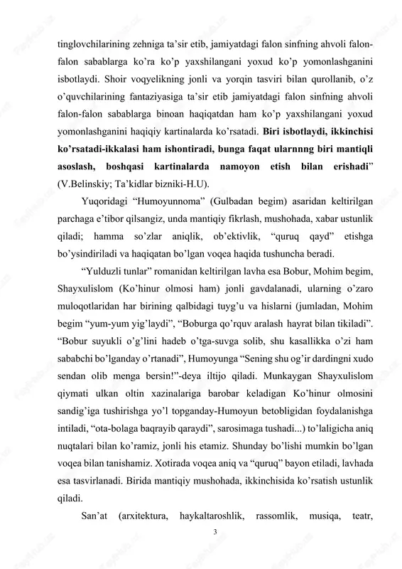 virlanadi. birida mantiqiy mushohada, ikkinchisida ko’rsatish ustunlik qiladi. san’at (arxitektura, haykaltaroshlik, rassomlik, musiqa, teatr, 4 xoreografiya, kino va sh.k.) fanlar (ilmiy tafakkur)ning yutuqlariga suyangan holda hayotni obrazlar vositasida ifoda etadi. obrazlilik-san’atning hamma ko’rinishlarini birlashtiradigan, umumiyligini, o’xshashligini ta’minlaydigan universal vositadir. “obrazli formadan tashqarida san’at yo’q” (oybek). lekin ravshanlik, ta’sirdorlik, nozikliik, go’zallik kabi obrazlilikning atributlari (ajralmas belgilari, xususiyatlari) san’atning har bir shaklida o’ziga xos bo’ladi: “skulptura... inson tanasi shakllarining go’zalligini ifodalaydi, inson yuzidagi fikrning bir paytini, tanadagi (attitude) bir vaziyatnigina tutib oladi. shu bilan birga skulpturaning ijodiy faoliyati insonning butun siymosini qamray olmaydi, balki inson tanasining tashqi shakllari bilangina chegaralanadi, erkak kishilarda faqat mardlik, ulug’vorlik va kuchni, xotinlarda go’zallik va noziklikni ifoda qiladi. rassomlik san’ati butun insonni, hatto uning ichki ruhiy dunyosini ham o’z ichiga oladi; ammo rassomlik ham hodisaning faqat bir paytini qamrash bilan chegaralanadi. muzika esa, eng ko’p, ruhning ichki dunyosini ifoda etuvchidir; lekin muzika ifoda qilgan g’oyalar tovushlar (sadolar)dan …