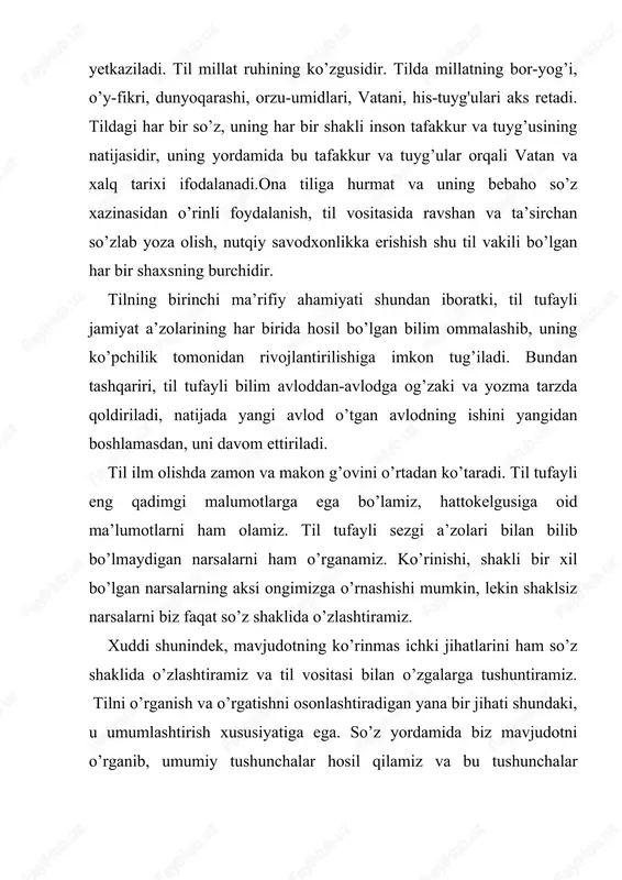 h qolipi, so’z, qo’shimcha va tovushdan iborat. ana shu qismlar bir-biri bilan turli qonun-qoida, tartib asosida birikib butunlikni, ya’ni tilni hosil qiladi. adabiyotlar: 1. o’zbekiston respublikasi vazirlar mahkamasining “davlat tili” “kadrlar tayyorlash milliy dasturi” haqidagi qonunlari. “xalq ta’limi”. 2. ne’matov h., bozorov o. til va nutq. t. 1993. 23 hozirgi o’zbek adabiy tili. t. 1996 3. azizov o. tilshunoslikka kirish. t. 1963. 4. mirzayev m., usmonovs., rasulov r. o’zbek tili. t. 1979. 1-2 5. shodmonov e., nafasov t. hozirgi o’zbek tili. laboratoriya mashqlari. t. 1986 6. www.ziyonet.uz http://www.ziyonet.uz/ til eng muhim aloqa vositasi
