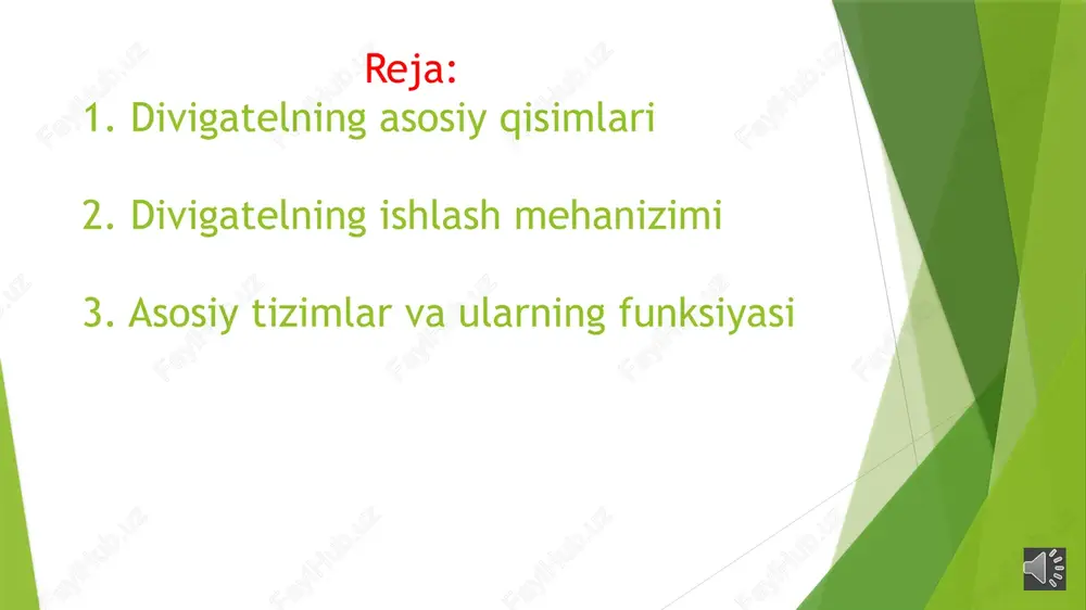 el (shovqin bostiruvchi) • katalizator (zararli gazlarni kamaytiradi)  etiboringiz uchun rahmat slide 1 mavzu: divigatelning asosiy qisimlari va ularning ishlash mehan reja: 1. divigatelning asosiy qisimlar dvigatelning asosiy qisimlari divigatelning asosiy qisimlari slide 6 divigatellarni ishlash mehanizimi slide 8 divigatellarning ishlash mehanizimi ichki yonuv divigatelining asosiy tizimlari va ularning funksiy slide 11 slide 12