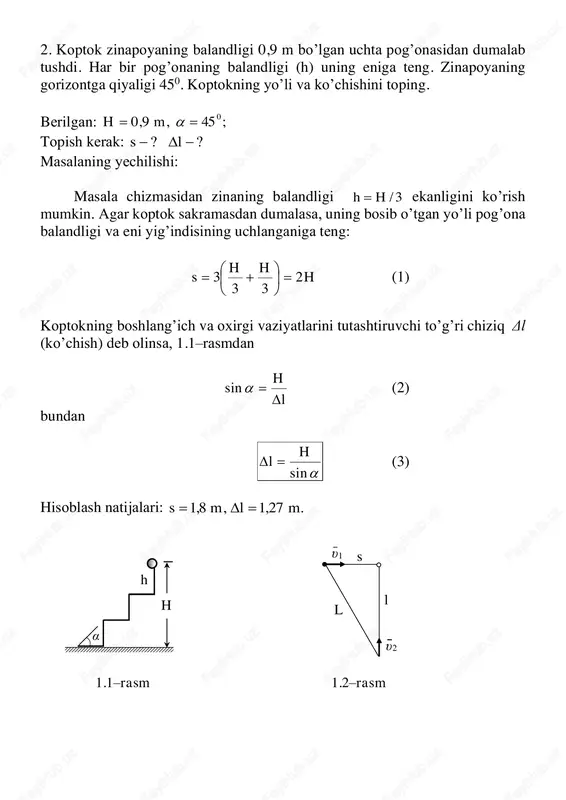 an 10 sm siljigan. agar vagonning kengligi 3 m, tezligi esa 20 m/s bo’lsa, o’qning tezligi qanday bo’lgan? berilgan: ;/20,1,0,3 1 smmlml ===  topish kerak: ? 2 − masalaning yechilishi: o’q vagon devorlari orasidagi l masofani t vaqt ichida o’tsa, shu vaqtda vagon l masofaga ko’chadi. demak, o’q va vagon uchun mos tarzda quyidagi harakat tenglamalari o’rinli: tl 2 = (1) tl 1 = (2) (1) va (2) tenglamalarning nisbatidan o’q tezligini topish ifodasi kelib chiqadi: l l 1 2   = (3) hisoblash natijasi: ./600 2 sm= 5. moddiy nuqtaning koordinatalari tenglamasi tx 2= , ty += 2 . nuqtaning harakat tenglamasini xoy koordinatalarda yozing hamda nuqtaning tezligini toping. barcha kattaliklar si da berilgan. masalaning yechilishi: masala shartida berilgan tx 2= ifodadan vaqtni topib, ty += 2 tenglamaga qo’yamiz, natijada nuqtaning harakat tenglamasi kelib chiqadi: xy 5,02 += (1) bu to’g’ri chiziq tenglamasidir. l l υ1 υ2 …