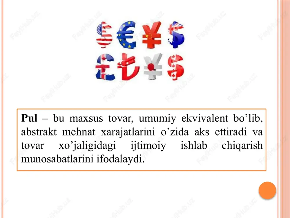 ’zining pul qiymatiga ayirbosh qilinadi. pul yordamida tovarni xarid etish, pulga tovar ayirboshlash (p-t) yoki tovarni sotish, ya’ni tovarni pulga ayirboshlash (t-p) yuz beradi. bu jarayonda pul vositachilik qiladi, pul muomila vositasi funksiyasini bajaradi. pul ishtirokida tovar ayriboshlash tovar muomilasi shaklini oladi. bundan farqliroq barter – tovarni tovarga bevosita almashtirish bo’lib ma’lum kelishilgan narxni taqozo etsada pul ishtirokisiz yuz beradi. o’ta taqchillik yuz berib, bozor aloqalari buzilgan sharoitda talon va kuponlar tovar ayriboshlashda qo’llanilgan hollari ham mavjud. barter taraqqiy etgan mamlakatlar uchun xos emas. bu shuning uchunki aynan ayriboshlash uchun ming yillar oldin pul o`ylab topilgan. barter pulsiz ayriboshlash bo’lganidan bozor iqtisodiyotiga to’g’ri kelmaydi, shu sababli u pul qadrsizlangan, tovar topish mushkul bo’lgan paytlarda qo’llaniladi.  a) muomila funksiyasi tovarni faqat naqd pulda sotilishini bildirsa, to’lov funksiyasida tovar ham naqd pulda ham naqd pulsiz holda sotiladi.  b) muomila vositasida tovar va pul harakati bir vaqtda amalga oshiriladi deb tushiniladi, …