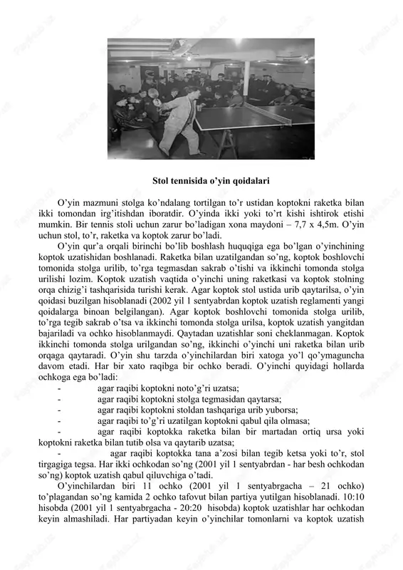 a tana a’zosi bilan tegib ketsa yoki to’r, stol tirgagiga tegsa. har ikki ochkodan so’ng (2001 yil 1 sentyabrdan - har besh ochkodan so’ng) koptok uzatish qabul qiluvchiga o’tadi. o’yinchilardan biri 11 ochko (2001 yil 1 sentyabrgacha – 21 ochko) to’plagandan so’ng kamida 2 ochko tafovut bilan partiya yutilgan hisoblanadi. 10:10 hisobda (2001 yil 1 sentyabrgacha - 20:20 hisobda) koptok uzatishlar har ochkodan keyin almashiladi. har partiyadan keyin o’yinchilar tomonlarni va koptok uzatish navbatini almashtirishadi. o’yin 5 yoki 7 partiyadan iborat bo’ladi (2001 yil 1 sentyabrgacha – partiyalar soni 3 yoki 5 ta bo’lgan). o’yin texnikasi koptokni raketka bilan urib qaytarishning ikki usuli bor. birinchisi – raketkani yo’naltirish. bu holda koptokning qanday harakatlanishini oldindan bilib bo’lmaydi. bu usulni yangi o’yin boshlagan o’yinchilarning ko’pchiligi qo’llaydi. ikkinchisi – koptokni aylantirish. buning uchun koptokni raketkaning rezinasi bilan sirpantirib urib, aylanishga majbur qilish kerak. aylanish turi raketka burchagi va koptokka tegish vaqtidagi harakat yo’nalishiga …