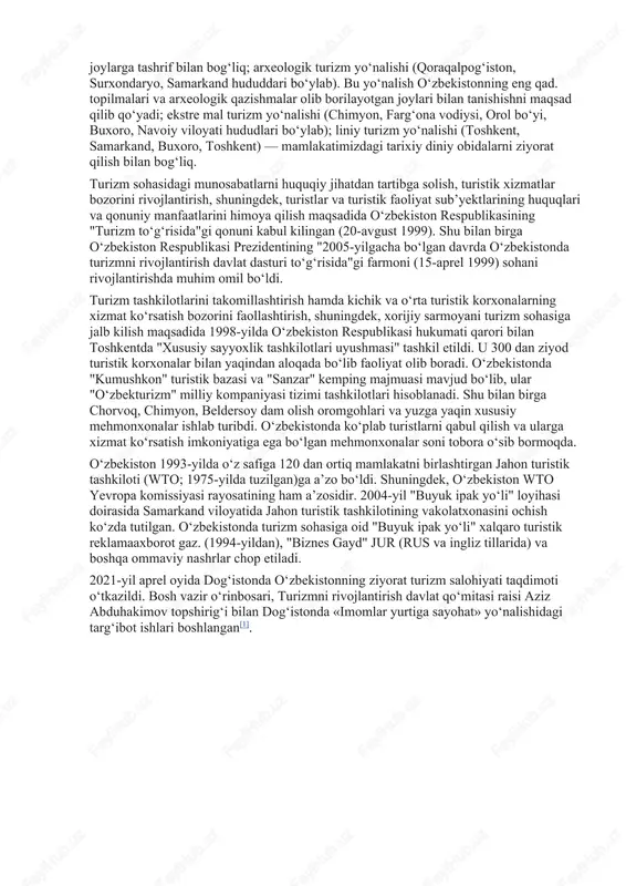 va boshqa tarixiymadaniy obidalarga tashrif bilan bogʻliq; ekologik turizm yoʻnalishi (chimyon, chorvoq dam olish va davolanish oromgohi, zomin qoʻriqxonasi, buxoro viloyatidagi qoʻriqxonalar). bu yoʻnalish alohida muhofaza qilinadigan tabiiy hududlar va sayyohlar uchun ekologik jihatdan qulay gʻamda foydali hisoblanadigan https://uz.wikipedia.org/wiki/parij https://uz.wikipedia.org/wiki/fransiya https://uz.wikipedia.org/wiki/angliya https://uz.wikipedia.org/wiki/19-asr https://uz.wikipedia.org/wiki/fransuz_tili joylarga tashrif bilan bogʻliq; arxeologik turizm yoʻnalishi (qoraqalpogʻiston, surxondaryo, samarkand hududdari boʻylab). bu yoʻnalish oʻzbekistonning eng qad. topilmalari va arxeologik qazishmalar olib borilayotgan joylari bilan tanishishni maqsad qilib qoʻyadi; ekstre mal turizm yoʻnalishi (chimyon, fargʻona vodiysi, orol boʻyi, buxoro, navoiy viloyati hududlari boʻylab); liniy turizm yoʻnalishi (toshkent, samarkand, buxoro, toshkent) — mamlakatimizdagi tarixiy diniy obidalarni ziyorat qilish bilan bogʻliq. turizm sohasidagi munosabatlarni huquqiy jihatdan tartibga solish, turistik xizmatlar bozorini rivojlantirish, shuningdek, turistlar va turistik faoliyat subʼyektlarining huquqlari va qonuniy manfaatlarini himoya qilish maqsadida oʻzbekiston respublikasining "turizm toʻgʻrisida"gi qonuni kabul kilingan (20-avgust 1999). shu bilan birga oʻzbekiston respublikasi prezidentining "2005-yilgacha boʻlgan davrda oʻzbekistonda turizmni rivojlantirish davlat dasturi toʻgʻrisida"gi …
