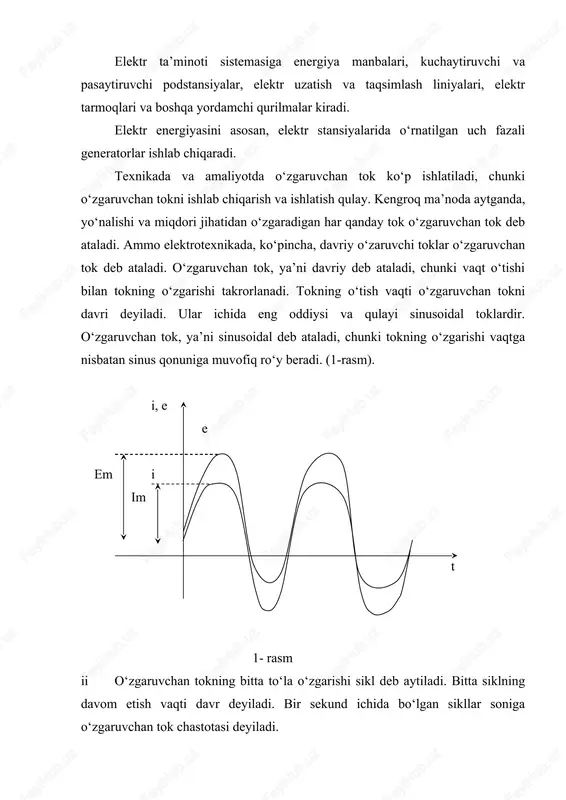 hilikka ega bo‘lib q1 issiqlik ajratadi. q1 = j2 rt (6) o‘zgaruvchan tok ham shu vaqt ichida r qarshilikdagi q2 issiqlik ajratadi: (7) t = t vaqt ichida o‘zgarmas va o‘zgaruvchan toklar bir xil issiqlik miqdorini ajratadilar va shuning uchun: q1 = q2 (8) yoki (9) o‘z navbatida (3) formuladan: (10) yoki (11) cos2ωtdt = 0, chunki cos 2ωt funksiyasining t bir davr ichidagi qiymati nolga teng. shuning uchun tok kuchi effektiv yoki ta’siriy qiymati quyidagiga teng bo‘ladi: (12) shunday qilib, sinusoidal o‘zgaruvchan tok uchun tok kuchining effektiv qiymati amplituda qiymatidan marta kichik bo‘ladi. xuddi shuningdek, eyuk va kuchlanishning effektiv qiymatlari ham amplituda qiymatlaridan marta kichik bo‘ladi. (13) o‘tkazgichda birday vaqt ichida o‘zgaruvchan tok ajratgan issiqlikka teng issiqlik ajrata oluvchi o‘zgarmas tokning tok kuchi jeff ga o‘zgaruvchan tokning ta’sir yoki effektiv qiymati deyiladi. amalda o‘zgaruvchan toklar tok kuchi, eyuk va kuchlanishning faqat effektiv qiymatlari bilan harakterlanadi. masalan, odatdagi tok tarmog‘i …