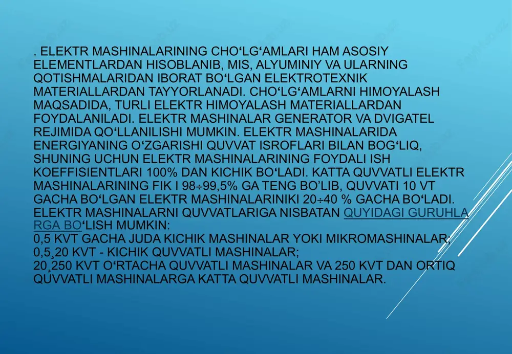 etlarga bo’lingan magnit o‘zagini sovutish uchun radial va aksial sovutish kanallaridan foydalaniladi. bu kanallarning kengligi 10 mm gacha bo‘ladi. yakorning cho‘lg‘amlari misdan tayyorlanadi. cho‘g‘amlarni tayyorlash uchun cho‘lg‘amning yoyilgan sxemasi chiziladi, g‘altaklarning boshi va oxiri kollektor tunukalariga ulanadi. kollektor o‘zgarmas tok mashinalarida mexanik to‘g‘rilagich vazifasini bajaradi. o‘zgarmas tok mashinalarining ishlash prinsipi  bizga ma’lumki, o‘zgarmas tok mashinasining stator va yakorlarining magnit o‘zaklari ferromagnit materiallardan tayyorlanadi. o‘zgarmas tok mashinasining yakorini aylantirilganda, qo‘zg‘atish cho‘lg‘ami hosil qilgan asosiy magnit maydon kuch chiziqlari bilan kesishgan yakorr cho‘lg‘amlarida elektr yurituvchi kuch induksiyalanadi. yakor cho‘lg‘amidagi elektr yurituvchi kuchning yo‘nalishi o‘ng qo‘l qoidasi yordamida aniqlanadi. magnit maydon o‘zgarmas bo‘lganligi sababli cho‘lg‘amdagi elektr yurituvchi kuch aylanish elektr yurituvchi kuchi deb ataladi. yakor cho‘lg‘amining bitta o‘tkazgichidagi elektr yurituvchi kuch  bu yerda: v - havo bo‘shlig‘idagi magnit maydon induksiyasi; l - o‘tkazgichning uzunligi; v = 2rn - o‘tkazgichning chiziqli tezligi. . tok va elektr yurituvchi kuchni egri chiziqlari a) yakordagi, …