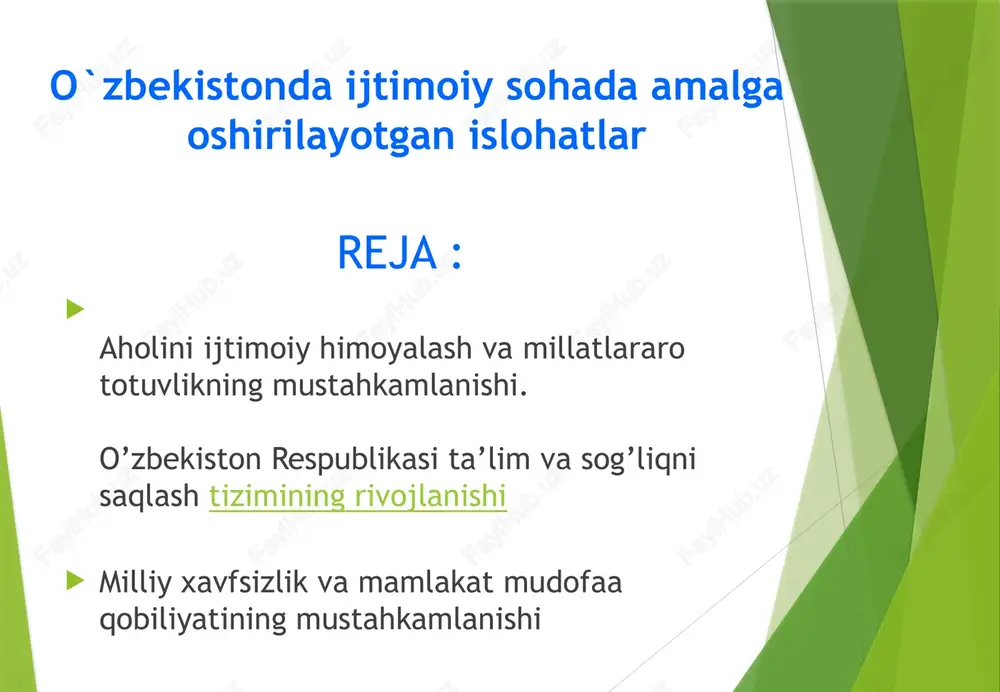 iyatini shakllantirishning muhum sharti sifatida jamiyat hayotida nodavlat va jamot tashkilotlarining mavqyei va ahamyatini qaskin kuchaytirish. oltinchi ustuvor yunalish- sud-huquq sohasini isloh qilish buyicha boshlangan ishlarni izchil davom ettirish. bu sohada eng muhum vazifa sud-huquq idoralarining mustaqilligi va ta’sirchan faoliyatini amalda ta’minlashdir. yettinchi ustuvor yunalish barcha islohotlarning privord natijasi inson manfaatlariga buysidirilganligi, ularga baho berishning asosiy omili va mezoni inson eqanligi. “biz uchun fuqarolik jamiyati – ijtimoiy makon. bu makonda qonun ustivor bo’lib, u insonning o’zini-o’zi kamol toptirishga moneylik qilmaydi, aksincha, yordam beradi. shaxs manfaatlari, uning huquq va erkinliklari to’la darajada ro’yobga chiqishiga ko’maklashadi. ayni vaqtda, boshqa odamlarning huquq va erkinliklari kamsitilishiga yo’l qo’yilmaydi.ya’ni, erkinlik va qonunga bo’ysunish bir vaqtning o’zida amal qiladi, bir-birini to’ldiradi va bir-birini taqozo etadi. boshqacha aytganda, davlatning qonunlari inson va fuqaro huquqlarini kamsitmasligi lozim. shu barobarida barcha odamlar qonunlarga so’zsiz rioya qilishlari shart”. fuqarolik jamiyatining asosiy belgilariga quyidagilar kiradi :  ko’ppartiyaviylik:  siyosiy hayot …