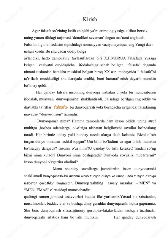 m tamoyillar asosida maxsus joriy qilingan va ishlab chiqilgan tushuncha ya’ni kategoriyalar usullar orqali hal qiladi. falsafa avval boshdanoq nazariydir. bundan tashqari umuman tarixiy jihatdan tafakkurning dastlabki shakli hisoblanadi. falsafa o’z shakllanishining boshidanoq tajriba( ya’ni amaliy bilim amaliy malaka ,hayotiy ko’nikma va an’analar)dan farqli o’laroq narsalarni mantiq va dalil kundalik tasavvurlarga tanqidiy munosabat yuzaki voqea hodisalarning ichki tashqi nigohidan yashirin mohiyatini to’g’ri xulosa fikr qilish orqali topishga qaratilgan. qadimgi xitoy faylasuflari o’z davridayoq yakuniy shakldagi daho bilimli va asosiy sabab sifatidagi asosiy sabab sifatidagi dono bilish yakuniy shakldagi davoni blish kalitidir. yer yuzida ibtido mavjud va u olam onasidir. onani anglashga qachon erishilsa demak, uning bolalarni ham ang lash mumkin bo’ladi. tajriba bilan falsafa qadimiiy yunon falsafsida bir muncha aniq ajratilgan qadimgi yunon faylasuflari e’tiborini ibtido va sabablarini bilishga qaratganlar. chunki qolgan hammasi ular orqali tushhuniladi . qadimgi falsafa nazari tafakkurning muhin xususiyati bo’lmish ta’rif bilan tushuntirishni aniq farqlagan. masalan, …