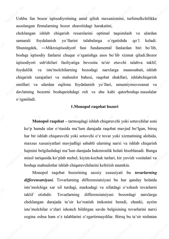 o‘zgartirmaydilar. biroq bu ta’sir nisbatan past darajada bo‘ladi. bunga sabab raqobatlashayotgan firmalar ishlab chiqarayotgan tovarlarning o‘xshashligidadir. sotuvchilar sonining ko‘pligi narxni o‘zaro kelishib olish imkonini bermaydi, bozordagi narxlarga ta’sir ko‘rsata olmaydi. monopol raqobat sharoitida bozorga kirish nisbatan erkin bo‘ladi, chunki bozordagi korxonalar xajmi kichik, ularning birlamchi investisiyalari, kapitali ham past darajada. shu bilan birgalikda tovarlarning differensiatsiyasi va iste’molchilarning biror-bir savdo belgisiga bo‘lgan ishonchi bozorga kirishni birmuncha qiyinlashtiradi. bozorga kirib kelayotgan yangi firma nafaqat raqobatbardosh mahsulot ishlab chiqarishi balki, mavjud ishlab chiqaruvchilarning mijozlarini o‘ziga qarata olishi ham lozim. bu jarayon, ya’ni mahsulotni differensiatsiyalash, uni bozorda sotilishi uchun reklamani jonlantirish ishlari albatta qo‘shimcha xarajatlarni talab qiladi. sof monopoliyaga o‘xshab, monopol raqobat sharoitida ham optimal ishlab chiqarish xajmiga chekli daromad chekli xarajatga teng bo‘lganda erishiladi. mc=mr. 2.oligopoliya bozori va uning xususiyatlari oligopoliya – tarmoqdagi bir necha yirik ishlab chiqaruvchi yoki sotuvchining narx va ishlab chiqarish hajmini belgilashdagi hukmronlik holati hisoblanadi. oligopolist-ishlab chiqaruvchilarga o‘zbekistonda sement …