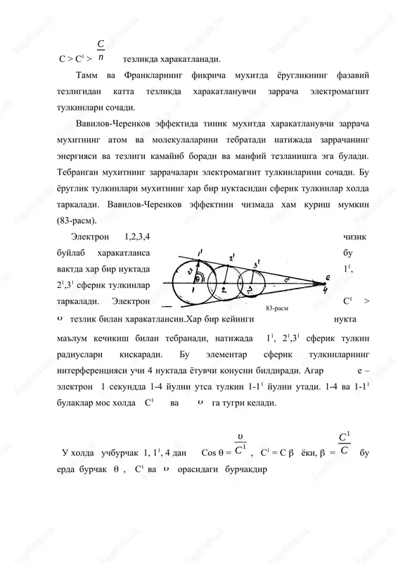 ay zarrachani s dan katta tezlikda xarakat kila olmasligi. 5. vavilov – cherenkov effektini chizma orkali tushuntirish. 6. vavilov – cherenkov effektini kullanilishi.