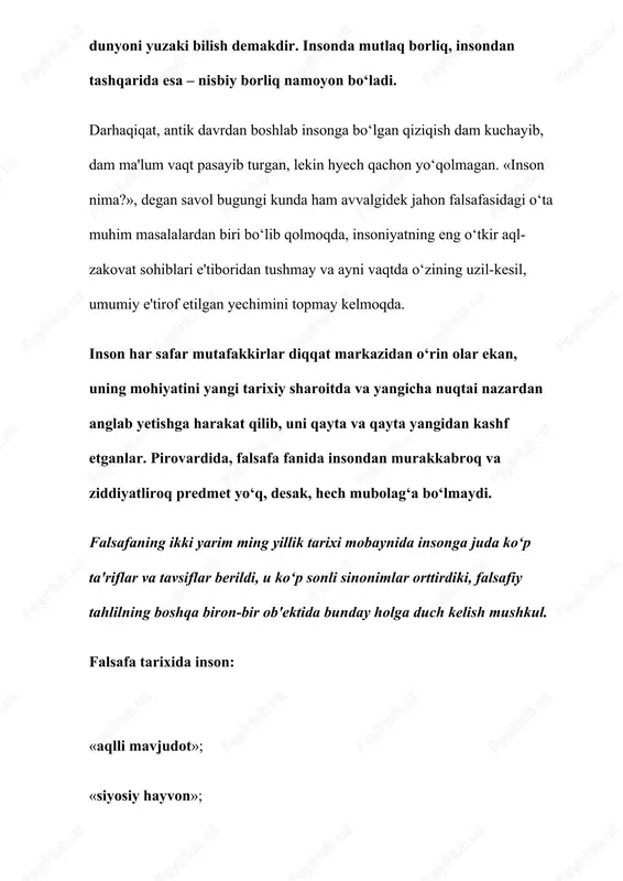 ik yondashuv antik falsafa rivojlanishining ilk bosqichlariga ko‘proq xosdir. dunyoning mazkur talqiniga muvofiq birinchi o‘ringa suqrot davridayoq falsafaning diqqat markazidan o‘rin olgan inson haqida mulohaza yuritish uchun ham tegishli zamin hozirlovchi dunyo va kosmos muammolari chiqadi. teotsentrizm falsafasini boshqa falsafiy nuqtai nazarlar – antropotsentrizm va kosmotsentrizm siqib chiqara boshlagan uyg‘onish davrida insonga doir qarashlarda jiddiy o‘zgarishlar yuz berdi. o‘rta asrlarda inson u yoki bu korporatsiya vakili sifatida amal qilgan bo‘lsa, uyg‘onish davrida u o‘zlikni anglash tuyg‘usi va ijtimoiy nuqtai nazari o‘sishi natijasida o‘z manfaatlarini ifoda eta boshladi. inson shaxs sifatida kamol topdi. o‘sha davr falsafasida insonga bo‘lgan qiziqishning kuchayishi bilan bir qatorda tabiatga bo‘lgan qiziqish ham tiklandi. n.kuzanskiy, j.brunoning panteistik konsepsiyalari xristianlar xudosini siqib chiqara boshladi. buyuk nemis faylasufi i.kant (1724-1804) insonni tushunish yo‘lida muhim qadam tashladi. u inson betakror mavjudot va u haqda alohida falsafiy mulohaza yuritish mumkin, deb hisoblar edi. u inson betakror mavjudot va u haqda alohida …