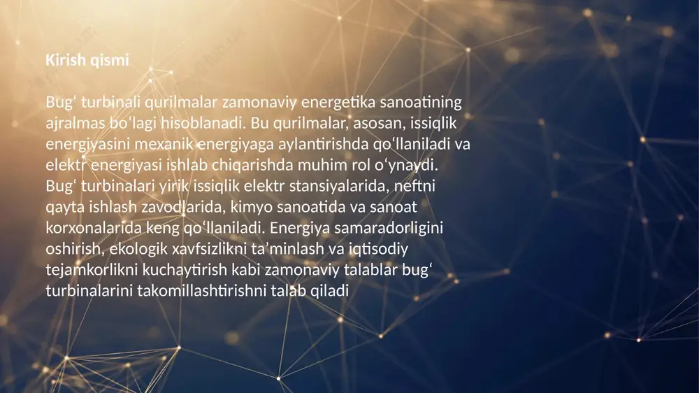 kni 5-10% ga ehtiyotkorliki mumkin. •regenerativ quvvat: turbinadan chiqadigan bug'ning issiqligiga kiruvchi suvni oldindan oziqlantirish uchun, bu esa ishlab chiqarish quvvatini sarflaydi. •ko'p bosqichli dizayn: yuqori, o'rta va o'tgan bosimli bosqichlar bug'ning kuchdan maksimal harakat qiladi. •materiallarning sifatini tozalash: yuqori harorat va bosimga bardosh beradigan maxsus ma'lumotlar (masalan, nikelgi qotishmalar) qo'shimcha. takomillashtirishning zarurati va asosiy yo‘nalishlari: zamonaviy energetika tizimlarida bug‘ turbinali qurilmalarning samaradorligini oshirish, yoqilg‘i sarfini kamaytirish, ekologik xavfsizlikni ta’minlash va iqtisodiy foydalilik darajasini ko‘tarish dolzarb masala hisoblanadi. bug‘ turbinalarini takomillashtirish – bu mavjud texnologiyalarni yangilash, ilg‘or muqobil yechimlarni qo‘llash va energiya samaradorligini oshirishga qaratilgan tizimli faoliyatdir. bug‘ turbinali qurilmalarning takomillashtirilishi bir nechta muhim ehtiyojlardan kelib chiqadi: 1.energiya samaradorligini oshirish: eskirgan turbinalarda foydali ish koeffitsienti (fik) past bo‘lib, bu yoqilg‘i isrofiga olib keladi. takomillashtirish orqali bug‘ning maksimal energiyasini foydali aylanish energiyasiga aylantirish imkoniyati yaratiladi. 2.yoqilg‘i sarfini kamaytirish: harorat va bosim rejimlarini optimallashtirish, issiqlik yo‘qotishlarni kamaytirish orqali yoqilg‘ining har bir kilogrammidan …