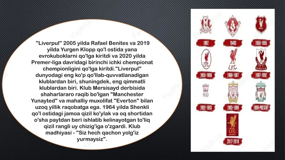 da klub birinchi divizionga ko'tarilgandan so'ng tom uotson menejer etib tayinlandi. u 1901-yilda liverpulni birinchi liga chempionligiga olib keldi, 1906 yilda yana g'alaba qozondi. "liverpul" 1914 yilda "byornli"ga 1:0 hisobida mag'lub bo'lib, angliya kubogi finaliga chiqdi. u 1922 va 1923 yillarda ketma-ket liga chempionligini qo'lga kiritdi, biroq 1946–47 yilgi mavsumgacha boshqa sovrin yutmadi, o'shanda klub sobiq "vest xem yunayted" markaziy yarim himoyachisi jorj kay nazorati ostida beshinchi marta birinchi divizionni qo'lga kiritdi klub rasmiylari egasi: amerika qo'shma shtatlari fenway sports group faxriy hayot prezidenti: angliya devid mures elchilar: uels ian rush, angliya robbi fauler, angliya maykl ouen "liverpul" 1950 yilda "arsenal"ga qarshi o'ynab, ikkinchi marta kubok finalida mag'lubiyatga uchradi. klub 1953–54 yilgi mavsumda ikkinchi divizionga tushib ketdi. 1958-1959 yillardagi angliya kubogida "liverpul" boshqa ligadagi "worcester city"ga 2:1 hisobida mag'lub bo'lganidan ko'p o'tmay, bill shenkli bosh murabbiy etib tayinlandi. kelgach, u 24 o'yinchini qo'yib yubordi va enfilddagi o'yinchoqlar saqlanadigan xonani murabbiylar …
