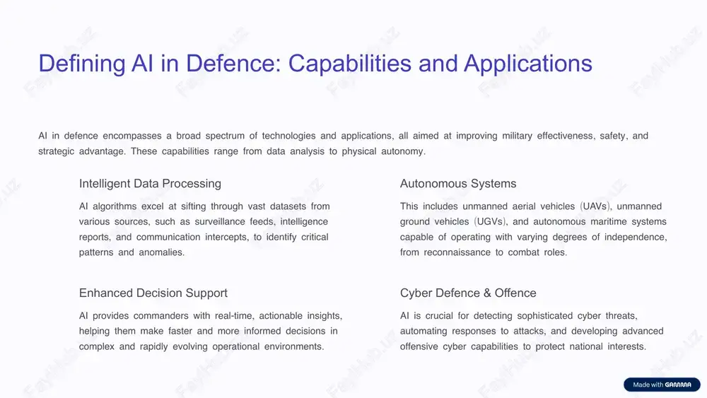 operating picture resource optimisation: , ai can recommend optimal deployment of resources from personnel , .to equipment based on current intelligence and mission objectives - , , this allows human operators to focus on higher level strategic thinking judgment and nuanced , .ethical considerations rather than being overwhelmed by raw data https://gamma.app/?utm_source=made-with-gamma autonomous systems: reshaping the battlefield , , . autonomous systems powered by ai are poised to fundamentally alter the nature of military operations these systems can perform tasks without , .continuous human intervention offering significant advantages in dangerous or inaccessible environments unmanned aerial vehicles (uavs) , , used for reconnaissance surveillance target , , acquisition and even strike missions operating with greater endurance and reduced risk to .human pilots unmanned ground vehicles (ugvs) , deployed for explosive ordnance disposal , , , logistics perimeter security and combat support .reducing soldier exposure to direct threats autonomous maritime systems , …