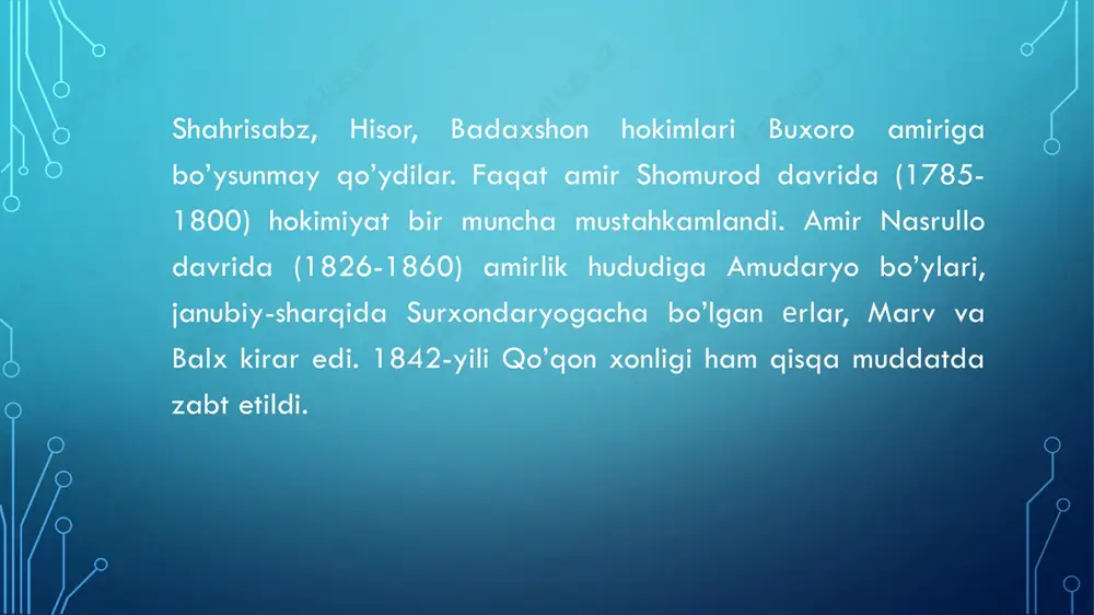 n. hokim quzurida yuzlab mahalliy ma murlar xizmat qilgan. manbalar, amiriikda mahalliy ma’muriar shtati 30 ming kishini tashkii etganligidan guvohiik beradi hokim va uning xizmatkorlariga maosh davlat xazinasidan berilmas edi, ular mahalliy aholidan olinadigan turli-tuman soliq va to’lovlar hisobiga tirikchilik qilishganlar. xiva xonligi janubda eron, sharqda buxoro amirligi, g’arbda kaspiy dengizi, shimolda qozoq juzlari bilan chegaradosh edi. suvsiz va poyonsiz qoraqum, qizilqum sahrolari xiva xonligini geografik jihatdan boshqa mamlakatlardan ajratib qo’ygan edi. amudaryo sohillarida joylashgan xiva, urganch, kat, ko’qna urganch, xazorasp, qo’ng’irot, xo’jayli, kurdar (hozirgi chimboy) shaharlari xonlikning yirik shaharlari hisoblanar edi. o’rta osiyoning eng boy savdo markazlaridan biri bo’lgan xiva shahri 1598-yildan boshlab xoniikning poytaxti bo’lgan. shahar ikki qism-ichan qal'a (shahaming ichki qismi) va dishon qal’a (shaharning tashqi qismi)dan iborat edi. ichan qafada xon qarorgohi va harami, 17 ta masjid, 22 ta madrasa, karvonsaroy va bozor joylashgan. 1842-yilda dishan qal’a qurilib, devor bilan o’rab olingan. dishan qal’ada hunannandlar, savdogarlar, …