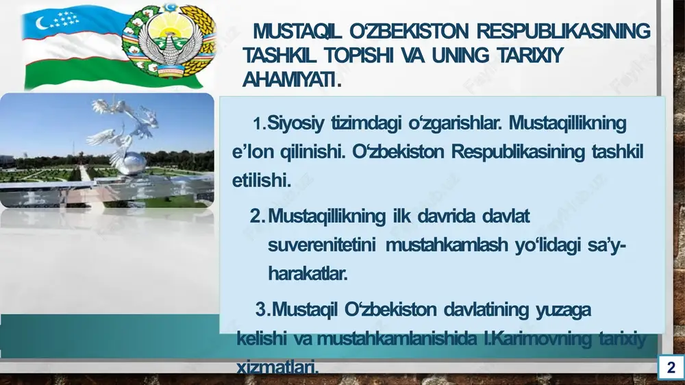 ning bozor iqtisodiyotiga oʻtish jarayoni asta-sekin amalga oshirildi va inflyatsiya darajasi sezilarli darajada yuqori boʻldi, ba'zi yillarda ikki xonali raqamlarni tashkil etdi, bu esa aholining turmush darajasiga salbiy ta'sir koʻrsatdi. tashqi siyosat va xalqaro munosabatlar mamlakatning “yumshoq quvvat” diplomatiyasi orqali 2000-yillardan buyon madaniy almashinuv va iqtisodiy hamkorlik orqali mintaqaviy ta’sirini kuchaytirdi. oʻzbekiston bmt xavfsizlik kengashining saylangan a’zosi boʻlib, xalqaro tashkilotlarda faol ishtirok etadi va 5 ta mintaqaviy tashkilotga a’zo. 06 05 04 oʻzbekistonning mintaqadagi roli va ahamiyati 01 02 oʻzbekistonning afgʻoniston, qozogʻiston va tojikiston kabi qoʻshni davlatlar bilan 10 dan ortiq ikki tomonlama shartnomalari mintaqaviy barqarorlik va xavfsizlikni taʼminlashda muhim hissa qoʻshadi. mamlakatning strategik geografik joylashuvi va boy tabiiy resurslari (gaz, mis, oltin) mintaqadagi savdo yoʻllarini boshqarish va mintaqaviy energetika xavfsizligiga taʼsir koʻrsatishda muhim ahamiyat kasb etadi. xavfsizlik va mudofaa masalalari oʻzbekiston mustaqilligining dastlabki yillarida qurolli kuchlarning shakllanishi 1991-yildan 1995-yilgacha boʻlgan davrda 100 000 dan ortiq harbiy xizmatchilarni oʻz ichiga …