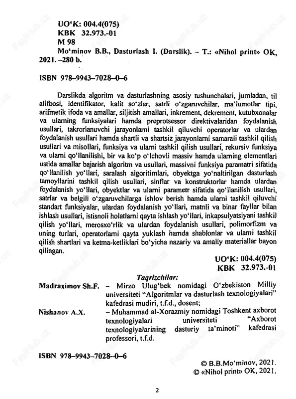 haqida ma’lumotlar bayon etilgan. kalit soʻzlar.kommunikatsiya, dasturiy taʻminot, kompilyator, loyihalash, foydalanuvchi interfeysi, foydalanuvchi, aniqlik, dasturchi, samaradorlik, iostream, kiritish, chiqarish amali. reja: 1. tilning bazaviy tushunchalari (til alifbosi, identifikator va leksemalar, kalit soʻzlar, konstanta satrlar, ma’lumotlartipi) 2. arifmetik ifoda va amallar, siljitish amallari, inkrement va dekrement 3. bitlarga ishlov beruvchi operatorlar, ma’lumotlartipini oʻzgartirish 4. kutubxona funksiyalari 5. preprotsessor direktivalari va vositalari. c++ tili byarn straustrup tomonidan 1980 yilning boshlarida ishlab chiqilgan. c++ tilida yaxshi dastur tuzish uchun “aql, farosat va sabr” kerak boʻladi. bu til asosan tizim sathida dasturlovchilar uchun yaratilgan. c/c++ algoritmik tilining alifbosi: 1. 26 ta lotin harflari(katta va kichik); 2. 0 dan 9 gacha boʻlgan arab raqamlari; 6 3. maxsus belgilar: - + * / : ; . , % ? ! = “” № <> { } [ ] ( ) $ # & ^ va h.k. dastur bajarilishi jarayonida oʻz qiymatini oʻzgartira oladigan kattaliklar oʻzgaruvchilar deyiladi. …