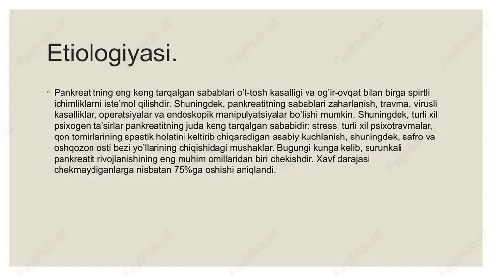 r, fermentlarning normal hajmi bilan bikarbonatlar ishlab chiqarishning pasayishi), obstruktiv. gipersekretor pankreatit bilan birinchi 2-4 kun davomida ochlik belgilanadi, so’ngra ular 5-sonli parhez stoliga o’tadilar. og’riq qoldiruvchi vositalar, antibiotiklar va boshqa dorilar ham buyuriladi. birinchi vosita – shifokor tomonidan tavsiya etilgan parhez (№5). ovqatlar orasidagi tanaffus kunduzi to’rt soatdan oshmasligi kerak. sekretor yetishmovchiligi bo’lgan pankreatit, pankreatinga asoslangan ferment preparatlari shaklida almashtirish terapiyasini talab qiladi.shuningdek, adabiyotlarga ko’ra, angiotenzinga aylantiruvchi ferment ingibitorlarini (perindopril)[5] qo’llash ijobiy natijalar beradi.oshqozon osti bezi kanalining obstruktsiyasi bo’lsa, jarrohlik yoki teri orqali (punksion) davolash ko’rsatiladi.oshqozon osti bezining uzoq muddatli oqmasi bilan jarrohlik yoki minimal invaziv punksion davolash qo’llaniladi.psevdotumoroz pankreatit haligacha jiddiy muammo bo’lib qolmoqda. ko’pincha uni oshqozon osti bezi saratonidan ajratish mumkin emas, shuning uchun davolash asosan o’ziga xos klinik holatga bog’liq. image2.jpg image3.jpeg /docprops/thumbnail.jpeg