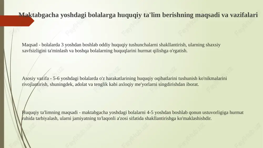 ega ekanligini belgilaydi, bu esa maktabgacha ta'limning normativ asosidir. “ta’lim to‘g‘risida”gi qonunning 5-moddasida ta’lim tizimi, jumladan maktabgacha ta’limning vazifalari va maqsadlari aniq ko'rsatilgan, bu esa huquqiy poydevor hisoblanadi. o'zbekiston respublikasi maktabgacha ta'lim vazirligining sayti (mdo.uz) maktabgacha ta'limning normativ hujjatlari va uslubiy resurslari haqida ma'lumot beradi. e'tiboringiz uchun rahmat slide 1 slide 2 slide 3 slide 4 slide 5 slide 6 slide 7 slide 8 slide 9 slide 10