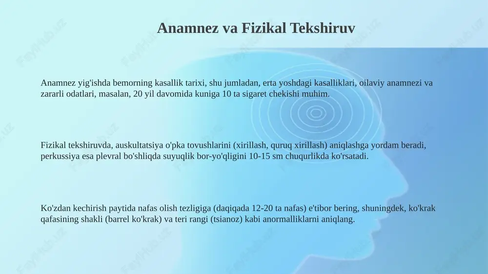 ak. asoratlar, reabilitatsiya va profilaktika pnevmoniya kabi asoratlarni boshqarishda antibiotiklarni 7-10 kun davomida qo'llash, nafas olish yetishmovchiligida esa intensiv terapiya va mexanik ventilyatsiyani ko'rib chiqish muhim. o'pka reabilitatsiyasi nafas olish mashqlarini (masalan, diafragmal nafas olish) o'z ichiga oladi, ular nafas olish tezligini minutiga 12-16 martagacha kamaytirishga yordam beradi. o'pka kasalliklari profilaktikasi uchun yiliga bir marta grippga qarshi vaktsinatsiya qilish va pnevmokok infektsiyasiga qarshi vaktsinani 5 yilda bir marta takrorlash tavsiya etiladi. e'tiboringiz uchun rahmat image2.png image1.png