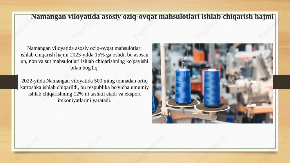 ari miqdori 2023-yilda o'tgan yilga nisbatan 15% ga oshdi, bu esa iste'molchilarning asosiy ehtiyojlarini qondirishda muhim ahamiyatga ega. 2024-yilning birinchi choragida namangan viloyatida oziq-ovqat mahsulotlari bilan ta'minlanganlik darajasi 92% ni tashkil etdi, bu esa aholining oziq-ovqatga bo'lgan talabini to'liq qondirishga yaqin ekanligini ko'rsatadi. oziq-ovqat sohasiga yo'naltirilgan investitsiyalar oziq-ovqat sohasiga investitsiyalar 2023-yilda 150 milliard so'mdan oshdi, bu 2022-yilga nisbatan 15% ga yuqori. asosiy yo'nalishlar qishloq xo'jaligi mahsulotlarini qayta ishlash va saqlash infratuzilmasini rivojlantirishga qaratilgan. namangan viloyatida oziq-ovqat sanoatiga xorijiy investitsiyalar hajmi 5 million aqsh dollariga yetdi. bu investitsiyalar yangi texnologiyalarni joriy etish va mahsulot sifatini oshirishga xizmat qilmoqda. oziq-ovqat sohasidagi davlat siyosati va rivojlantirish dasturlari oziq-ovqat xavfsizligini ta'minlash maqsadida 2023-yilda qabul qilingan davlat dasturi asosiy oziq-ovqat mahsulotlariga bo'lgan narxlarni barqarorlashtirishga qaratilgan, budjetdan 10 milliard so'm ajratilgan. qishloq xo'jaligini rivojlantirish strategiyasi doirasida 2024-2026 yillarda oziq-ovqat sanoatiga 15 million aqsh dollari miqdorida investitsiya jalb etish va 20 ta yangi korxona tashkil etish rejalashtirilgan. …