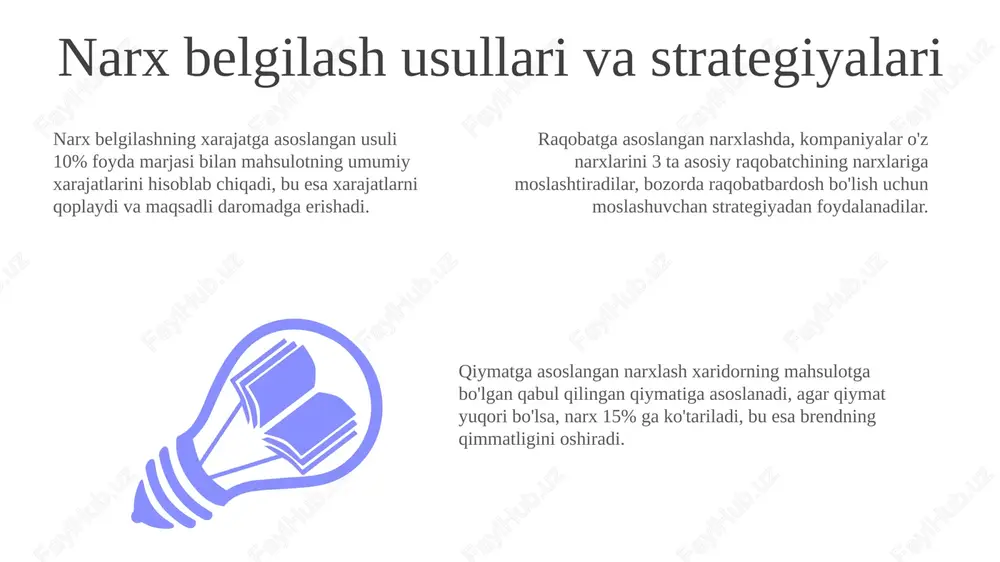 asaytirish orqali savdo hajmi 25% ga oshgan bo'lsa, bu ijobiy natija hisoblanadi. mijozlar xursandchiligi darajasini o'rganish, narx siyosatining samaradorligini aniqlashda yordam beradi. 7/10 ball bilan baholangan mahsulotlar, narxlarining mijozlar kutganiga mos kelishini ko'rsatadi. narx siyosatining foydaliligini baholashda, yalpi foyda marjasini hisoblash zarur. agar yalpi foyda marjasi 30% dan past bo'lsa, narxlash strategiyasini qayta ko'rib chiqish lozim bo'ladi. e'tiboringiz uchun rahmat slide 1 slide 2 slide 3 slide 4 slide 5 slide 6 slide 7 slide 8 slide 9 slide 10