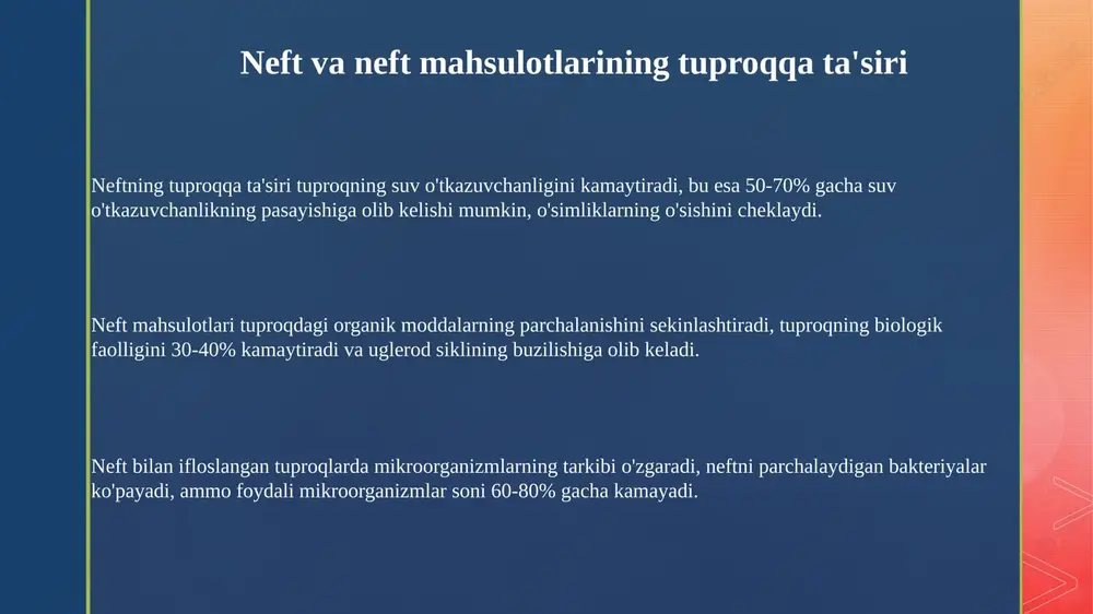 i yetishtirish hajmi 30-50% ga kamayishi mumkin, bu esa oziq-ovqat xavfsizligiga salbiy ta'sir ko'rsatadi va narxlarning oshishiga olib keladi. tuproqning neft bilan ifloslanishi natijasida ekotizimlar degradatsiyaga uchrashi, biologik xilma- xillikning 60% gacha yo'qolishi va noyob o'simlik va hayvon turlarining yo'q bo'lib ketishiga olib kelishi mumkin. neft bilan ifloslangan hududlarda aholi salomatligi yomonlashadi, onkologik kasalliklar 2-3 barobar ortadi, bu esa davolanish xarajatlarini oshiradi va ijtimoiy notinchlikni keltirib chiqaradi. e'tiboringiz uchun rahmat slide 1 slide 2 slide 3 slide 4 slide 5 slide 6 slide 7 slide 8 slide 9 slide 10