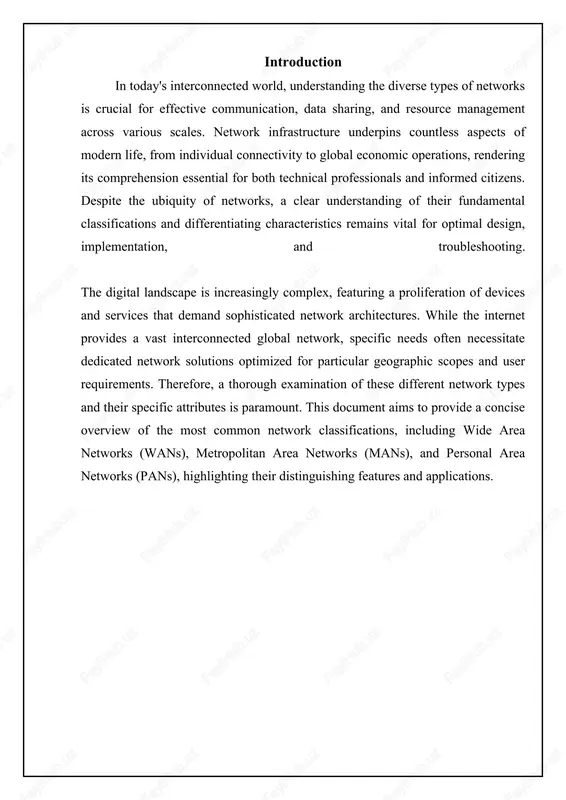 dth availability, latency requirements, and geographic coverage. wan protocols are essential for efficient and reliable data transfer. tcp/ip, the foundation of the internet, is commonly used for wan communication. routing protocols such as bgp (border gateway protocol) and ospf (open shortest path first) dynamically determine the best paths for data packets across the network. quality of service (qos) protocols prioritize critical traffic, ensuring that latency-sensitive applications like voip and video conferencing receive adequate bandwidth. security protocols like ipsec create encrypted tunnels for secure communication over public networks. these protocols collectively enable the reliable and secure transmission of data across the geographically dispersed infrastructure of a wan. man architectures and technologies metropolitan area networks (mans) are characterized by diverse architectural implementations and underlying technologies, each tailored to specific requirements like distance, bandwidth, and cost. common architectures include ring, bus, and star topologies, often interconnected via high-speed backbones. ring topologies, utilizing technologies …