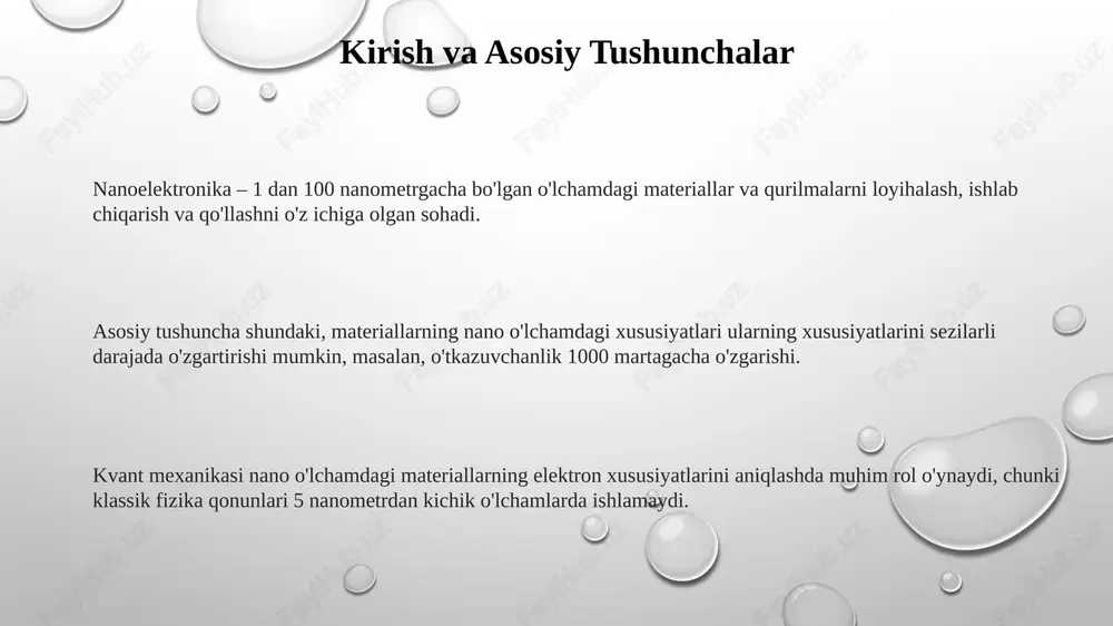 ktronik qurilmalar ishlab chiqarishning rivojlanishi va ularning integratsiyasi orqali yuqori zichlikdagi, kam quvvat sarflaydigan va tezkor ishlaydigan tizimlar yaratish istiqbollari mavjud. kelajakda kvant nuqtalari, grafen va uglerod nanotubkalari kabi materiallar asosida yangi avlod sensorlar va energiya yig'ish qurilmalari 10-100% ga samaraliroq bo'lishi mumkin. 2030-yilga borib, sun'iy intellekt va mashinaviy o'qitish usullari nanoelektronika materiallarini loyihalash va ishlab chiqarish jarayonlarini 50% ga optimallashtirish imkonini beradi. e'tiboringiz uchun rahmat slide 1 slide 2 slide 3 slide 4 slide 5 slide 6 slide 7 slide 8 slide 9 slide 10