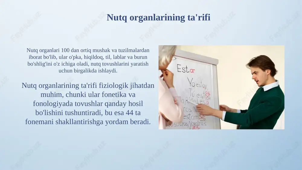 sh darajasiga qarab belgilanadi, 3 ta asosiy guruhga bo'linadi: 1-darajali, 2-darajali va yordamchi organlar. 1-darajali organlar, masalan, til, lablar va ovoz boylamlari tovushlarni hosil qilishda bevosita ishtirok etadi, 50 dan ortiq turli xil fonemalarning artikulyatsiyasini ta'minlaydi. nutq organlarining kasalliklari nutq organlarining kasalliklaridan biri dizartriya bo'lib, miya shikastlanishi natijasida yuzaga keladi va 5 ta nutq jarayonini (nafas, fonatsiya, rezonans, artikulyatsiya, prozodiya) buzadi. afaziya - bu nutq organlarining kasalligi bo'lib, odamning nutqni tushunish va ifoda etish qobiliyatiga ta'sir qiladi. taxminan 1 million amerikaliklar bu kasallik bilan yashaydi. xulosa nutq organlarining 3 asosiy qismiga bo'linishi (nafas olish, fonatsiya, artikulyatsiya) nutq tovushlarini shakllantirishning 1 murakkab, lekin muhim jarayonini ifodalaydi. artikulyatorlarning 2 turi (harakatlanuvchi va harakatlanmaydigan) undoshlar va unlilarni 3 alohida tarzda shakllantirish uchun birgalikda ishlaydi, bu esa aniq nutqni ta'minlaydi. e'tiboringiz uchun rahmat slide 1 slide 2 slide 3 slide 4 slide 5 slide 6 slide 7 slide 8 slide 9 slide 10 slide …