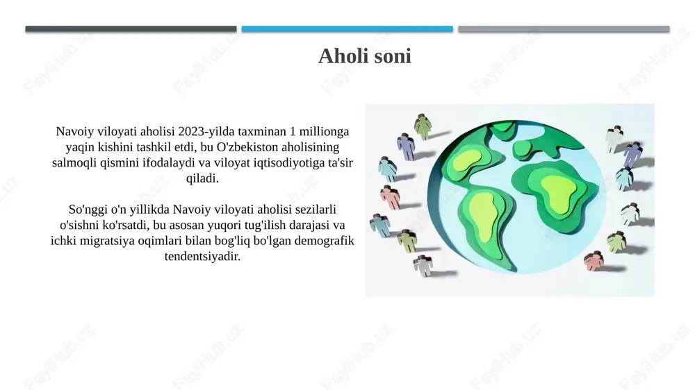 2% ga kamayganini ko'rsatadi, bu yoshlarning oila qurishga bo'lgan qarashlaridagi o'zgarishlar bilan bog'liq. ajralishlar soni, aksincha, 2023-yilda 1200 taga yetdi, bu 2022-yilga nisbatan 5% ga o'sishni anglatadi, buning asosiy sabablari iqtisodiy qiyinchiliklar va o'zaro kelishmovchiliklar deb baholanmoqda. o'rtacha umr ko'rish davomiyligi navoiy viloyatida o'rtacha umr ko'rish davomiyligi so'nggi yillarda o'sib, 73 yoshdan oshdi, bu mamlakat o'rtacha ko'rsatkichidan biroz yuqori, sog'liqni saqlashning yaxshilanishi sababli. ayollar o'rtacha umr ko'rish davomiyligi erkaklarnikidan yuqori, taxminan 75 yoshni tashkil etadi, erkaklarda esa bu ko'rsatkich 70 yosh atrofida, bu biologik va turmush tarzi omillari bilan bog'liq. mehnat resurslari salohiyati navoiy viloyatida iqtisodiy faol aholi 2023-yilda 950 ming kishini tashkil etdi, ularning 900 mingdan ortig'i band bo'lgan, bu esa mehnat bozorining yuqori faolligini ko'rsatadi. viloyatning mehnat resurslari salohiyati asosan sanoat, qishloq xo'jaligi va xizmat ko'rsatish sohalarida band bo'lgan yoshlar (16-30 yosh) hisobiga shakllanadi va bu demografik dividend hisoblanadi. e'tiboringiz uchun rahmat slide 1 slide 2 slide 3 …
