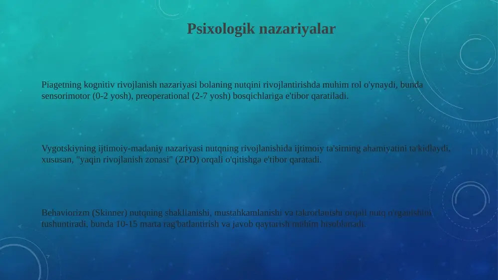 tirish vositalari va usullari nutq o'stirish vositalariga 1) hikoyalar, 2) rasmlar, 3) o'yinlar kiradi, ular orqali bolalar so'z boyligini oshirib, 4-5 yoshda grammatik qoidalarni mustahkamlaydi. usullarga quyidagilar kiradi: 1) savol-javob, 2) rolli o'yinlar, 3) loyihalar, bu orqali bolalar 6-7 yoshda nutq faolligini oshirib, kommunikativ kompetensiyasini rivojlantiradi. nutqni o'stirishda 1) badiiy adabiyot, 2) didaktik materiallar, 3) multimedia vositalaridan foydalanish 3-4 yoshda bolalarning nutq qobiliyatlarini shakllantirishga yordam beradi. nutq o'stirish metodikasining tadqiqot metodlari va zamonaviy yondashuvlar zamonaviy yondashuvlardan biri - kommunikativ yondashuv bo'lib, unda o'quvchilarning 80% vaqtini real nutqiy vaziyatlarda interaktiv muloqotga yo'naltirish nazarda tutiladi. nutq o'stirish metodikasida kuzatuv usuli keng qo'llaniladi, ayniqsa, bolalarning 1-7 yoshdagi nutqiy xatti-harakatlarini tabiiy sharoitda o'rganishda muhim ahamiyatga ega. tadqiqot metodlarida eksperiment 2 guruh o'rtasida taqqoslash imkonini beradi: nazorat guruhi va tajriba guruhi, natijalar 0.05 ahamiyatlilik darajasida tahlil qilinadi. nutq buzilishlarini korrektsiyalashning nazariy asoslari nutq buzilishlarini tuzatishda neyrofiziologik nazariyalar muhim. miya tuzilishi va funksiyasi (masalan, broka sohasi) …
