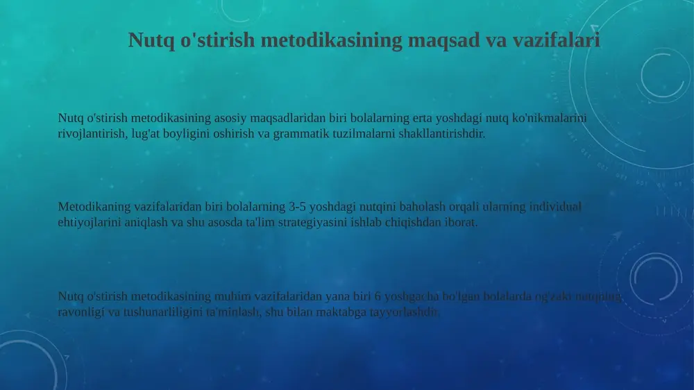 bilan muntazam uchrashuvlar o'tkazish orqali, bolaning erta nutq rivojlanishi haqida ma'lumot berish, 2 yoshdan 5 yoshgacha bo'lgan davrda muhimligini tushuntirish. oilada kitob o'qish soatlari tashkil etish, farzandingiz bilan birgalikda 15 daqiqadan 30 daqiqagacha ertak o'qish, lug'at boyligini oshirish va talaffuzni yaxshilashga yordam beradi. ota-onalarga nutq terapiyasi mashqlari bo'yicha maslahatlar berish, ertalab 10 daqiqa va kechqurun 10 daqiqa davomida fonetik mashqlar o'tkazish, muvaffaqiyatga erishish ehtimolini oshiradi. e'tiboringiz uchun rahmat slide 1 slide 2 slide 3 slide 4 slide 5 slide 6 slide 7 slide 8 slide 9 slide 10