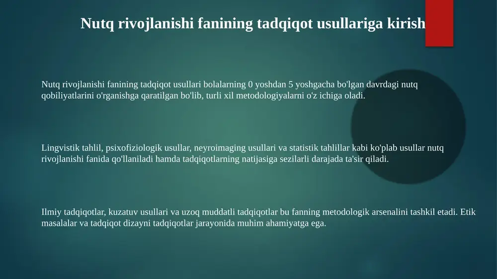 an ota-onalari yoki qonuniy vakillaridan rasmiy ruxsat so'rashni talab qiladi. konfidensiallikni saqlash – har bir bolaning shaxsiy ma'lumotlari maxfiy saqlanishi, tadqiqot natijalari e'lon qilinganda shaxsni aniqlash imkoniyati bo'lmasligi kerak. tadqiqot davomida bolalarga zarar yetkazmaslik, jismoniy yoki ruhiy salomatlikka ta'sir etadigan har qanday xavfni minimallashtirish, zarur hollarda psixologik yordam ko'rsatish muhim. e'tiboringiz uchun rahmat slide 1 slide 2 slide 3 slide 4 slide 5 slide 6 slide 7 slide 8 slide 9 slide 10