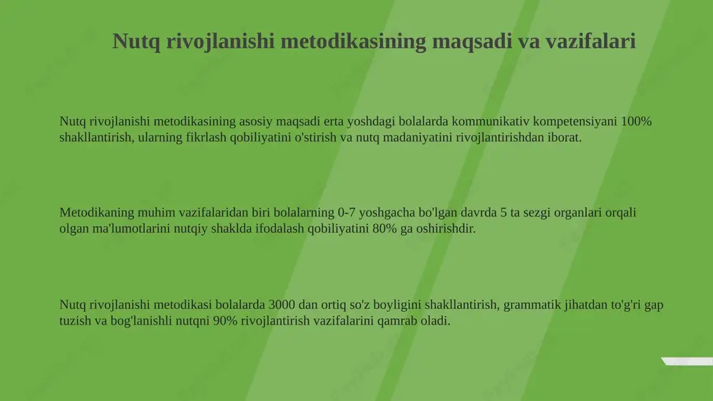 z ichiga oladi. "rejalashtirilgan hikoya" metodi bog'lanishli nutqni rivojlantirishda muhim, bunda 5-7 ta asosiy nuqtalardan iborat reja tuziladi va shu asosda hikoya yaratiladi. "rollarda o'yin" metodi orqali bog'lanishli nutqni rivojlantirishda 2-3 nafar ishtirokchi dialog shaklida vaziyatni o'ynaydi, bu orqali nutqiy ko'nikmalar takomillashadi. talaffuzni tuzatish metodlari fonetik tahlil usuli 5 bosqichda amalga oshiriladi: tovushni ajratish, turini aniqlash (unli/undosh), talaffuz xususiyatlarini o'rganish, so'zdagi o'rnini belgilash va farqlash mashqlari. talaffuzni tuzatishda artikulyatsion mashqlar 15-20 daqiqa davom etadi, bunda lablar, til va jag' mushaklarini mustahkamlashga qaratilgan aniq harakatlar bajariladi. differensiallash usuli talaffuzda o'xshash tovushlarni (masalan, 's' va 'sh') 3 ta bosqichda farqlashga yordam beradi: sezgi, idrok va amaliy mashqlar orqali. nutqiy rivojlanishni baholash usullari nutqiy rivojlanishni baholash usullari bolaning so'z boyligi, grammatik qobiliyatlari va talaffuz sifatini 5 ballik tizim orqali aniqlaydi. testlar bolaning 3 yoshdan 6 yoshgacha bo'lgan nutqiy ko'rsatkichlarini baholashda muhim rol o'ynaydi, xususan, lingvistik testlar qo'llaniladi. nutq terapiyasi jarayonida baholash usullari bolaning …