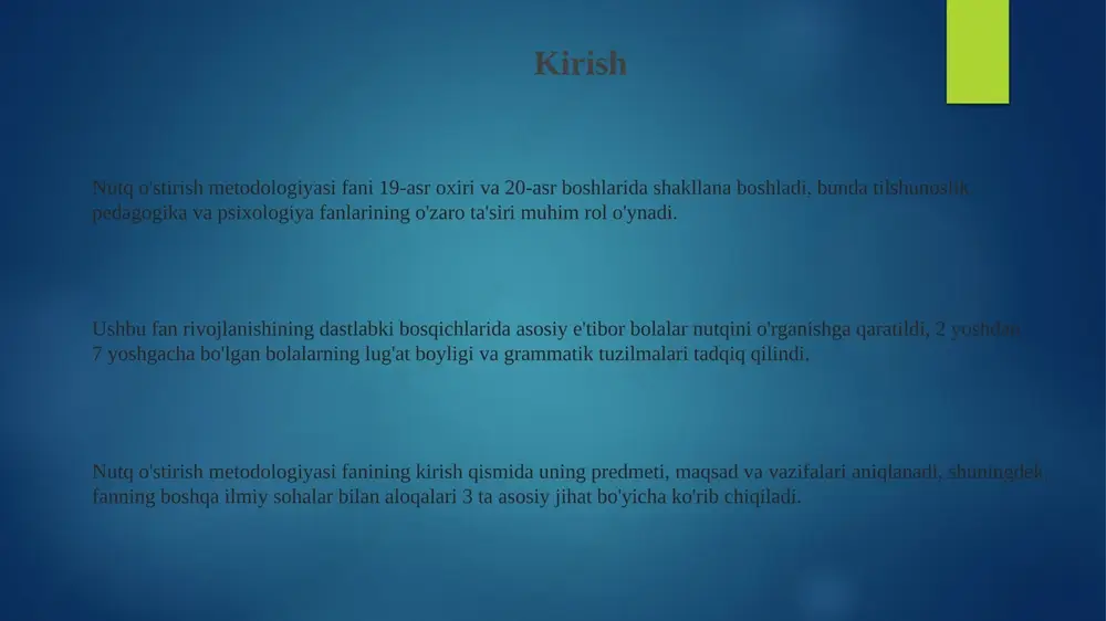 gan yangi imkoniyatlar ochmoqda. chet el tajribasi: integratsiya va adaptatsiya chet el tajribasida ikki tillilik dasturlari keng tarqalgan bo'lib, ularda 50/50 modeli kabi yondashuvlar nutqni rivojlantirishda lingvistik kompetensiyani oshirishga qaratilgan. integratsiyada ko'p madaniyatli ta'lim usullari qo'llaniladi, bu esa bolalarning erta yoshdan turli tillar va madaniyatlarga moslashishiga yordam beradi, shu bilan birga 70% muvaffaqiyatga erishiladi. adaptatsiya jarayonida chet el metodikalari mahalliy sharoitga moslashtiriladi, masalan, montessori usuli o'zbekistonda 6 yoshgacha bo'lgan bolalar uchun milliy xususiyatlarni hisobga olgan holda qo'llaniladi. o'zbekistonda nutq o'stirish metodologiyasining rivojlanishi mustaqillikdan so'ng, 1990-yillardan boshlab, milliy qadriyatlar va o'zbek tilining o'ziga xos xususiyatlarini hisobga olgan holda, yangi metodik qo'llanmalar ishlab chiqildi. xx asrning o'rtalarida o'zbekistonda nutq o'stirish metodologiyasi, ayniqsa maktabgacha ta'limda, rus tilidagi uslubiyotchilar tajribasiga asoslangan holda shakllandi. bugungi kunda o'zbekistonda nutq o'stirish metodologiyasi akt (axborot-kommunikatsiya texnologiyalari) va interaktiv usullardan keng foydalanishni o'z ichiga olgan holda rivojlanmoqda. o'zbekistonda nutq o'stirish metodologiyasining asosiy xususiyatlari o'zbekistonda nutq o'stirish metodikasi milliy qadriyatlar, …
