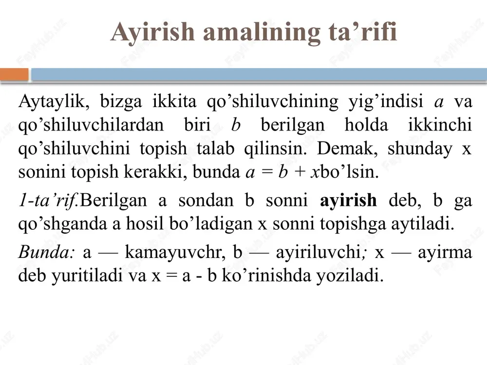 h amali deyiladi. bunda berilgan ko’paytmani ifodalovchi son — bo’linuvchi, berilgan ko’paytuvchi — bo’luvchi, izlanayotgan ko’paytuvchi — bo’linma deyiladi. bo’lish amali bir qiymatlidir. masalan, a) 9:3=3; b) 21:7=3; d) 111:3=37. misol. 12 ta gilosni har biriga 3 tadan nechta bolaga tarqatishdi. masala savoliga javob bo`lish amali orqali topiladi 12:3=4. masalani tahlil qilaylik: 12 ta elementga ega to`plam 3 ta elementga ega bo`lgan teng quvvatli qism to`plamlarga ajratilgan. shuning bilan ular juft-jufti bilan kesishmaydi. masalada nechta shunday qism to`plam borligi so`ralayapti. javobdagi 4 soni 12 elementli to`plamning 3 elementli qism to`plamlar sonini bildiradi. boshqacharoq masalani qaraylik. 12 ta gilosni 4 ta bolaga teng bo`lib berishdi. har bir bolaga nechtadan gilos berishdi? bu masala ham bo`lish amali bilan yechiladi: 12:4=3 (gilos). bu yerda 3 soni boshqa ma’noda – 12 elementdan iborat to`plam berilgan teng quvvatli kesishmaydgan har bir to`rtta qism to`plamdagi elementlar sonini bildiradi. bo`lish amalining to`g`ri bajarilganini tekshirish uchun ko`paytirish amaliga …