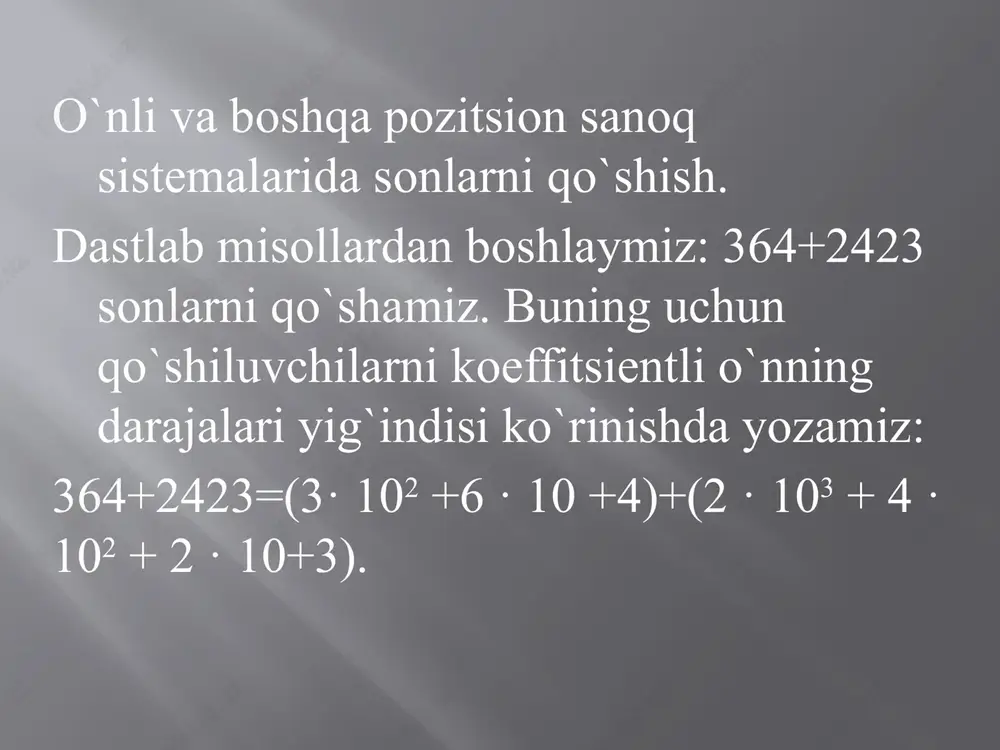 rinchi (birlar xonasidan keyingi) raqamini olib, uni bitta kamaytiramiz, kichik xonalardagi barcha raqamlarni o`nlar xonasigacha 9 ta orttiramiz, birlar xonasidagi raqamni esa 10 ta orttiramiz va 10+ no dan mo ni ayiramiz, natijani ayirmaning birlar xonasiga yozamiz va keyingi xonaga o`tamiz. 5) keyingi xonada bu jarayonni takrorlaymiz. 6) kamayuvchining katta xonasidan ayirish bajarilgandan keyin ayirish jarayoni tugallanadi. boshqa sanoq sistemalarida ham sonlarni ayirish yuqoridagiga o`xshash, ammo farqi ayirish qaysi sistemada bajarilayotgan bo`lsa shu sistemalardagi birlik sonlarni qo`shish jadvalidan foydalaniladi. o`nli va boshqa pozitsion sanoq sistemalarida sonlarni ko`paytirish. ma’lumki, ikkita bir xonali sonni ko`paytirishda hosil bo`lgan hamma ko`paytmalar esda saqlanadi. hamma bunday ko`paytmalar maxsus jadvalga yoziladi, bu jadval bir xonali sonlarni ko`paytirish jadvali deyiladi. 325 sonini 1000 ga ko`paytirishni bajarganda 325 soni ketiga uchta nolni yozish yetarli, ya’ni 325000 bo`ladi. haqiqatan ham, 325=3·102 + 2·10+5 ko`rinishida yozish mumkin va qo`shishga nisbatan ko`paytirish distributivlik xossasiga ega bo`lishidan 10k·10s=10k+s ga ko`ra, 325·1000=(3·102+2·10+5)·103=3·105+2·104+5·103 bo`ladi. …