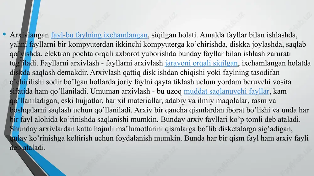 aratgan winrar dasturi bilan tanishib chiqamiz. yuqori texnologiyalarning bu asrida, world wide web foydalanuvchilari kundan kunga tobora ko'payib bormoqda. ularning aksariyati ilgari foydalanuvchilar bo'lib, ba'zilari esa internetni cheksiz imkoniyatlar bilan tanishga kirishmoqda. tarmoqda muntazam turish turli fayllar bilan ishlashni o'z ichiga oladi. fayllar bilan ishlashning asosiy vositalaridan biri ularning arxividir. maqolada sizga zip fayllarini qanday arxivlash mumkinligi va faylni kichik o'lchamdagi siqishni haqida ma'lumot beriladi.arxivlash nima? fayllarni arxivlash - fayllarning boshlang'ich o'lchamlari kichikroq hajmlarga siqilganligi, fayllarning sifati va ulardagi ma'lumotlar buzilmasligi yoki o'zgartirilmaganligi. masalan, 1.5 mb hajmdagi matnli fayl (masalan, kitob) mavjud bo'lsa, maxsus arxiv dasturidan foydalansangiz, bu jildni 150 kb ga osongina siqib qo'yishingiz mumkin. foydalar aniq: arxivlangan fayl juda kam joy egallaydi (bu holatda 7 marta) va uni bitta faylda ham yuborish mumkin.arxivlashni shuningdek, fayllarni bitta elementga (papka yoki ma'lumotlar bazasiga) ulash va to'plash mumkin. keling, bir misol keltiraylik: sizning do'stingizga juda ko'p miqdorda fotosuratlar jo'natishingiz kerak. agar …